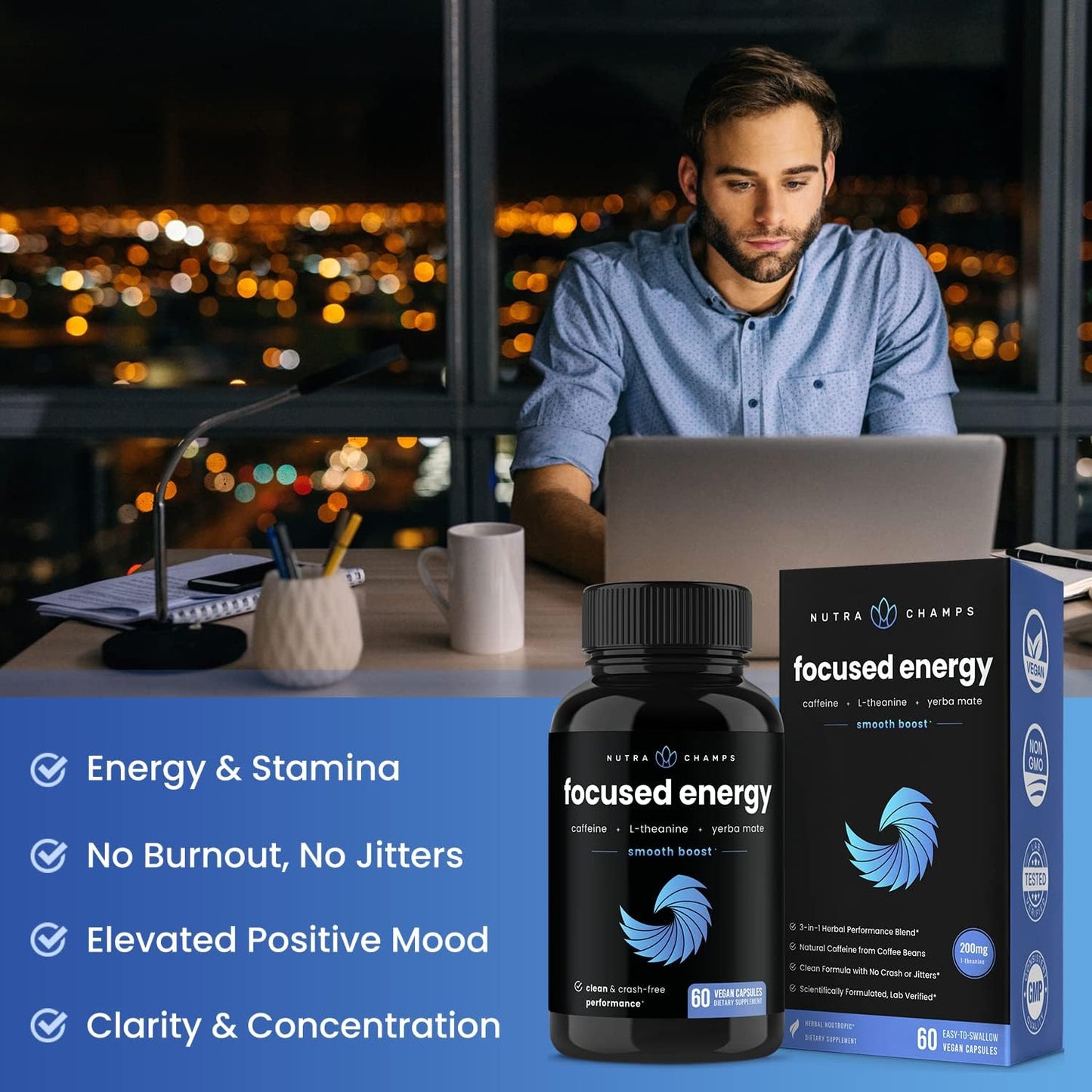 NutraChamps Caffeine and L-Theanine Energy Pills - Vegan Supplement for Clean Focus & Performance, No Crash or Jitters - 60 Count