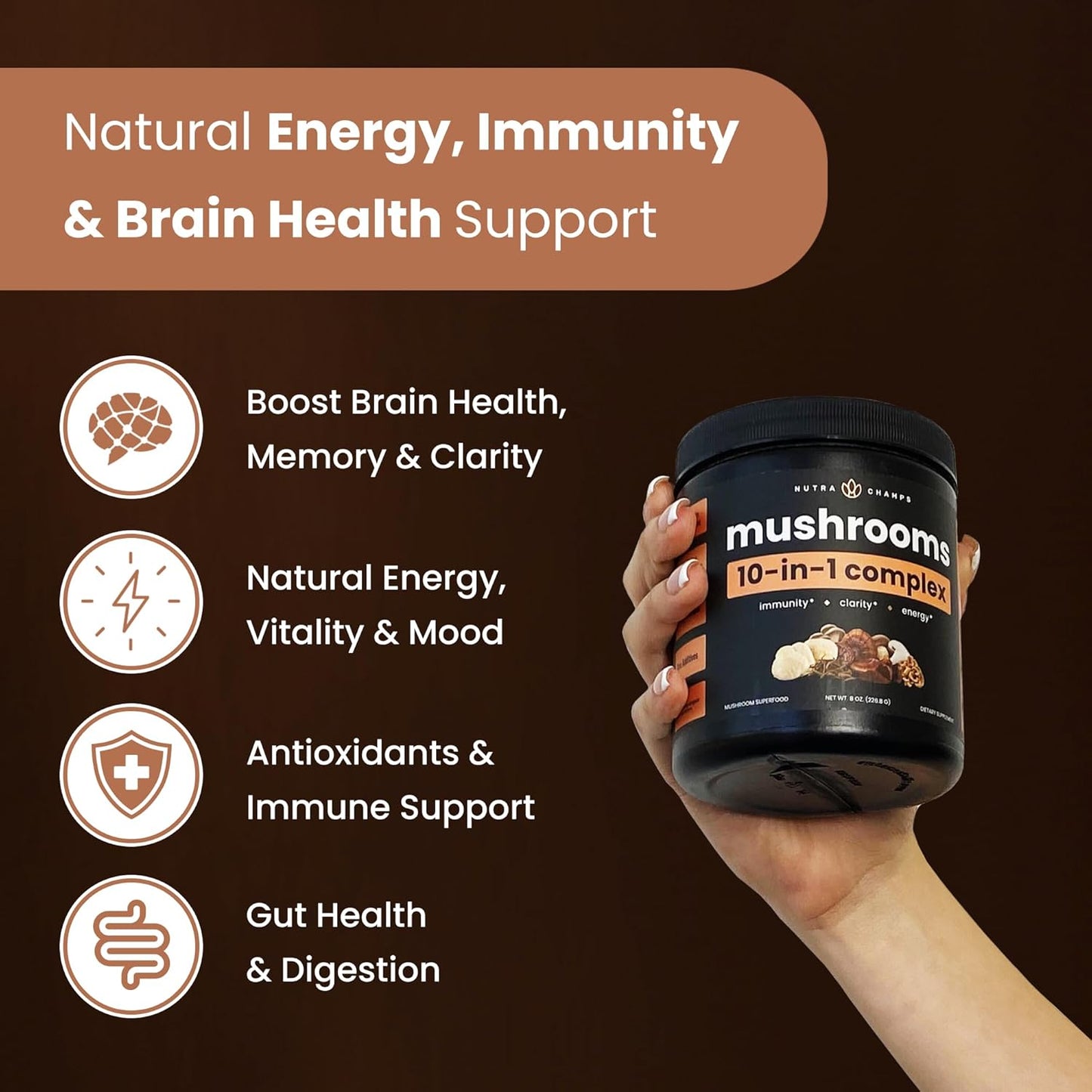 NutraChamps Super Greens & Mushrooms Blend for Brain, Gut, and Body Support
