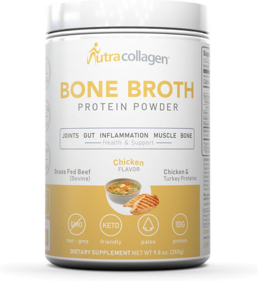 NUTRACOLLAGEN Bone Broth Protein Powder: Non-GMO, Keto & Paleo Friendly; Supports Joint, Gut, Muscle, and Bone Health. 11g Collagen, 10g Protein, Chicken Flavor - 20 Servings