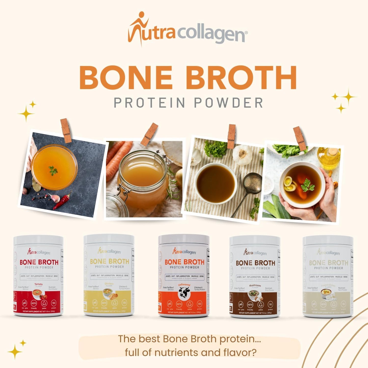 NUTRACOLLAGEN Bone Broth Protein Powder: Non-GMO, Keto & Paleo Friendly; Supports Joint, Gut, Muscle, and Bone Health. 11g Collagen, 10g Protein, Chicken Flavor - 20 Servings