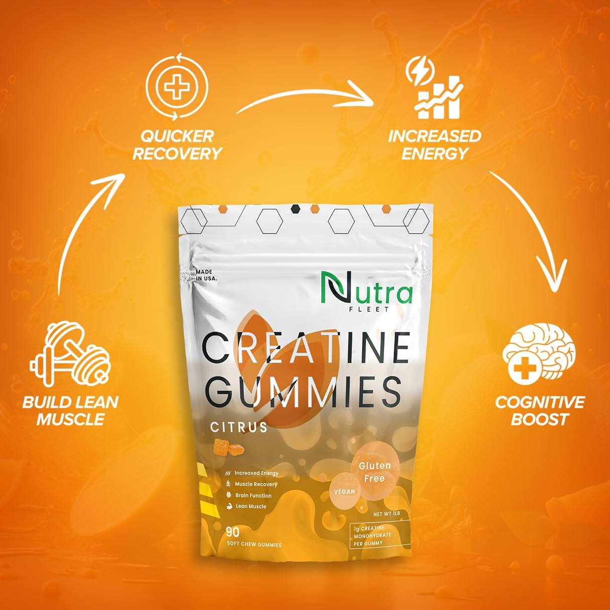 Nutrafleet Creatine Monohydrate Gummies - 5g Chewable Muscle Builder for Men & Women - Boost Energy & Focus - 90 Count Citrus Flavor - Low Calorie, Vegan & Gluten Free