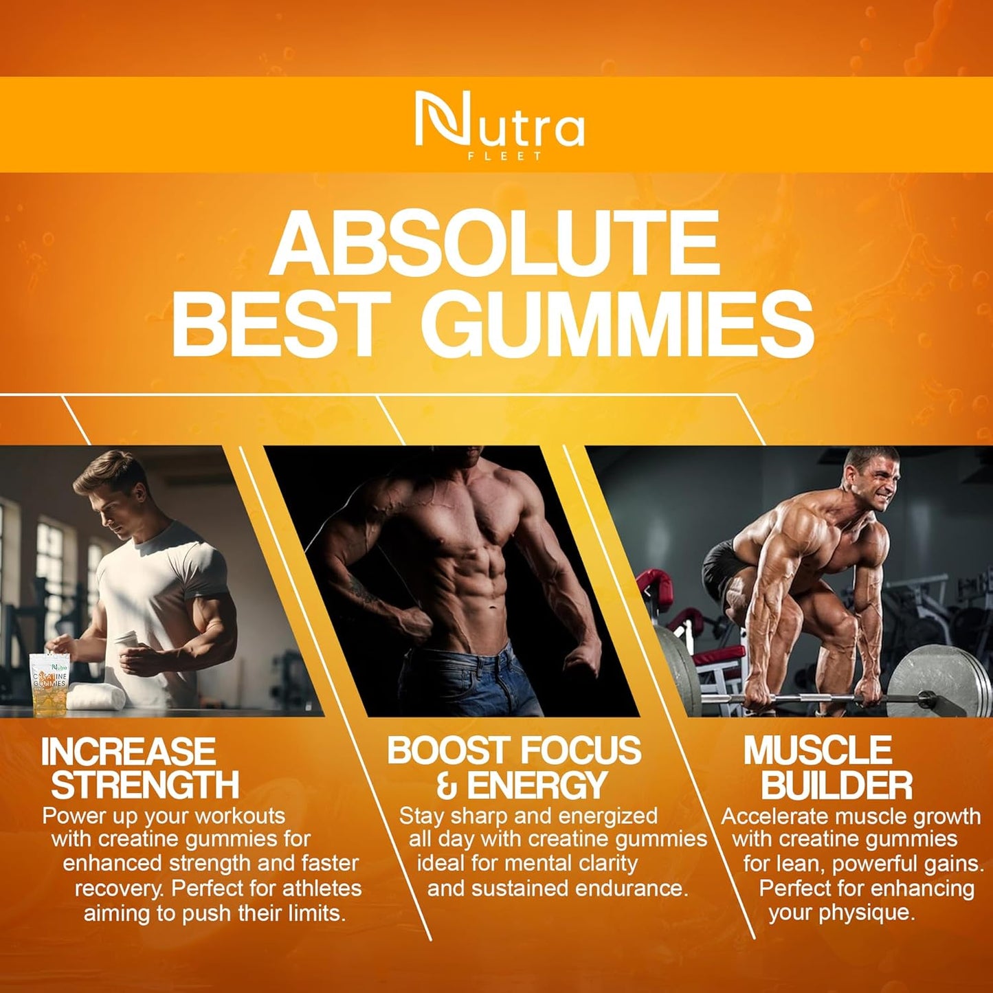 Nutrafleet Creatine Monohydrate Gummies - 5g Chewable Muscle Builder for Men & Women - Boost Energy & Focus - 90 Count Citrus Flavor - Low Calorie, Vegan & Gluten Free