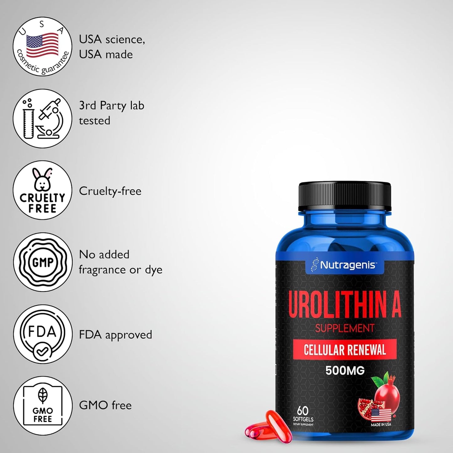 Nutragenis Urolithin A Softgel Supplement - 60 Count - Promotes Cellular Renewal & Muscle Strength - USA-Made Mitoceutical