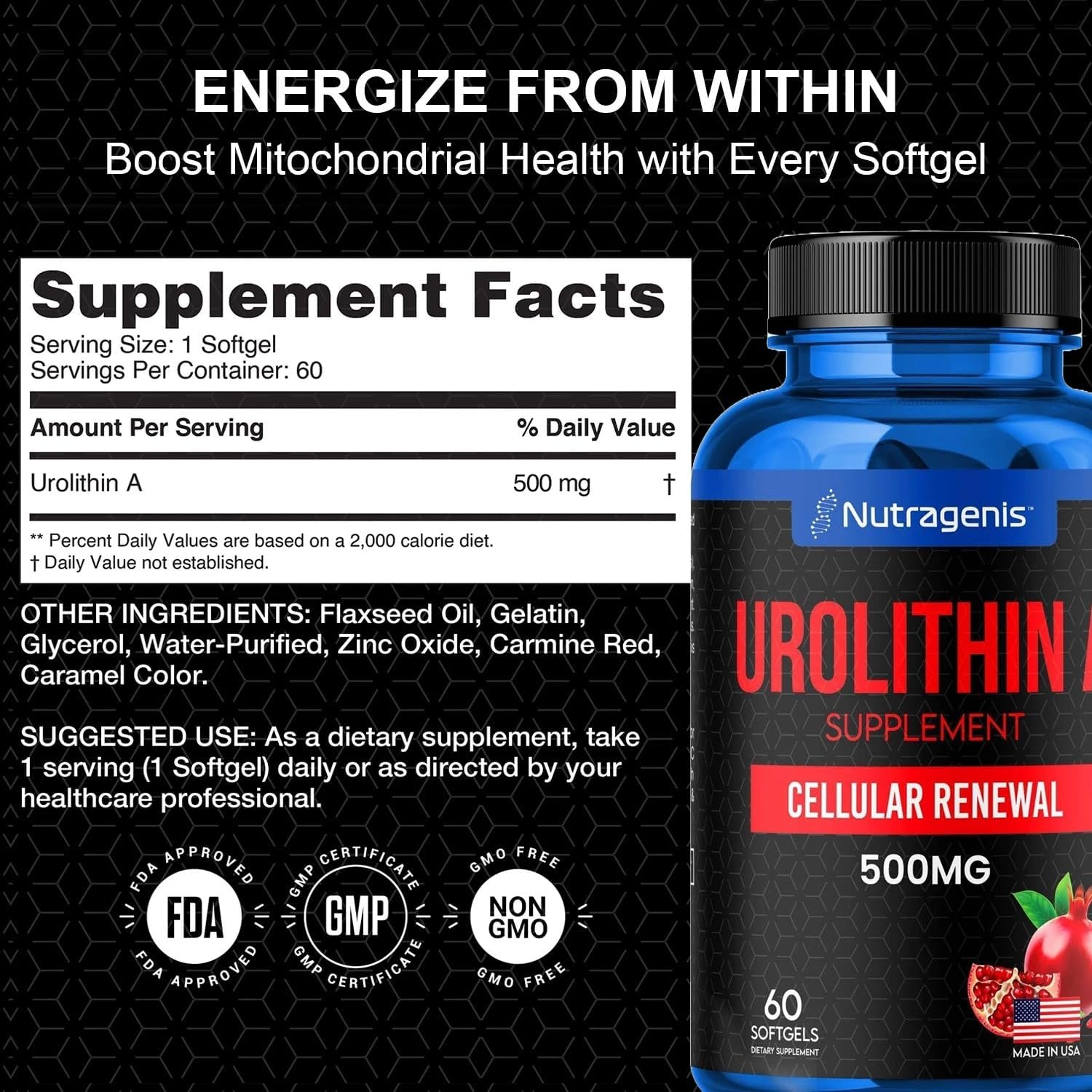 Nutragenis Urolithin A Softgel Supplement - 60 Count - Promotes Cellular Renewal & Muscle Strength - USA-Made Mitoceutical