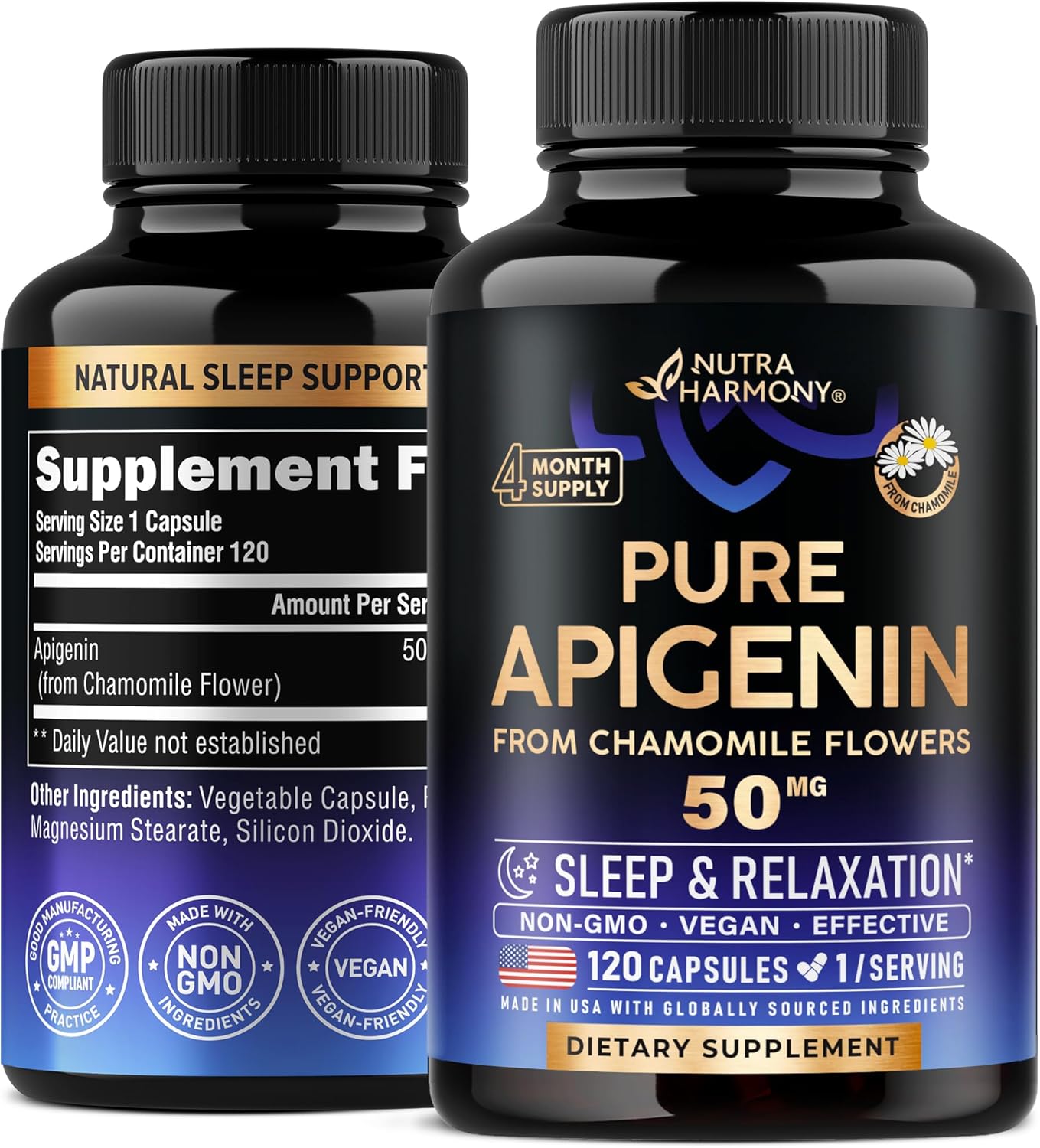 NUTRAHARMONY Apigenin 50 mg Capsules - Natural Sleep Supplement from Chamomile - Promotes Quality Rest, Calm & Relaxation - Vegan, NON-GMO, Lab Tested - Made in USA - 120 Count