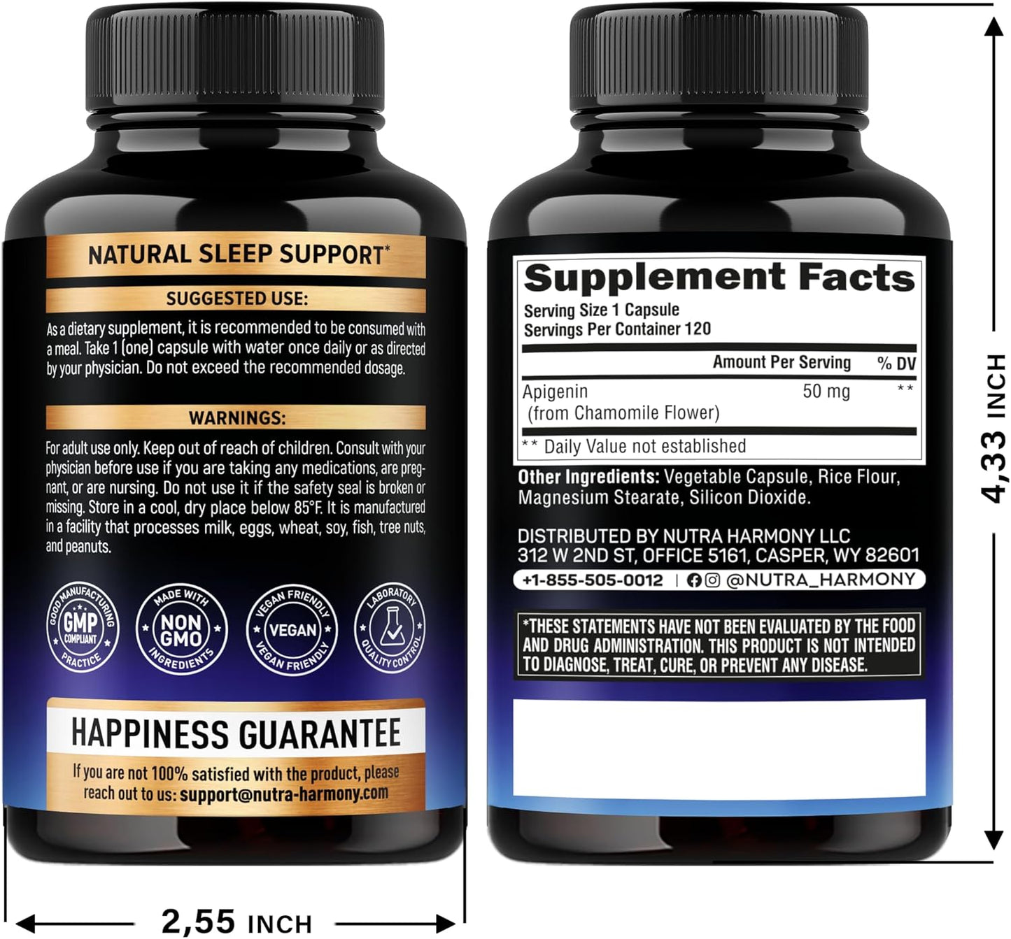 NUTRAHARMONY Apigenin 50 mg Capsules - Natural Sleep Supplement from Chamomile - Promotes Quality Rest, Calm & Relaxation - Vegan, NON-GMO, Lab Tested - Made in USA - 120 Count