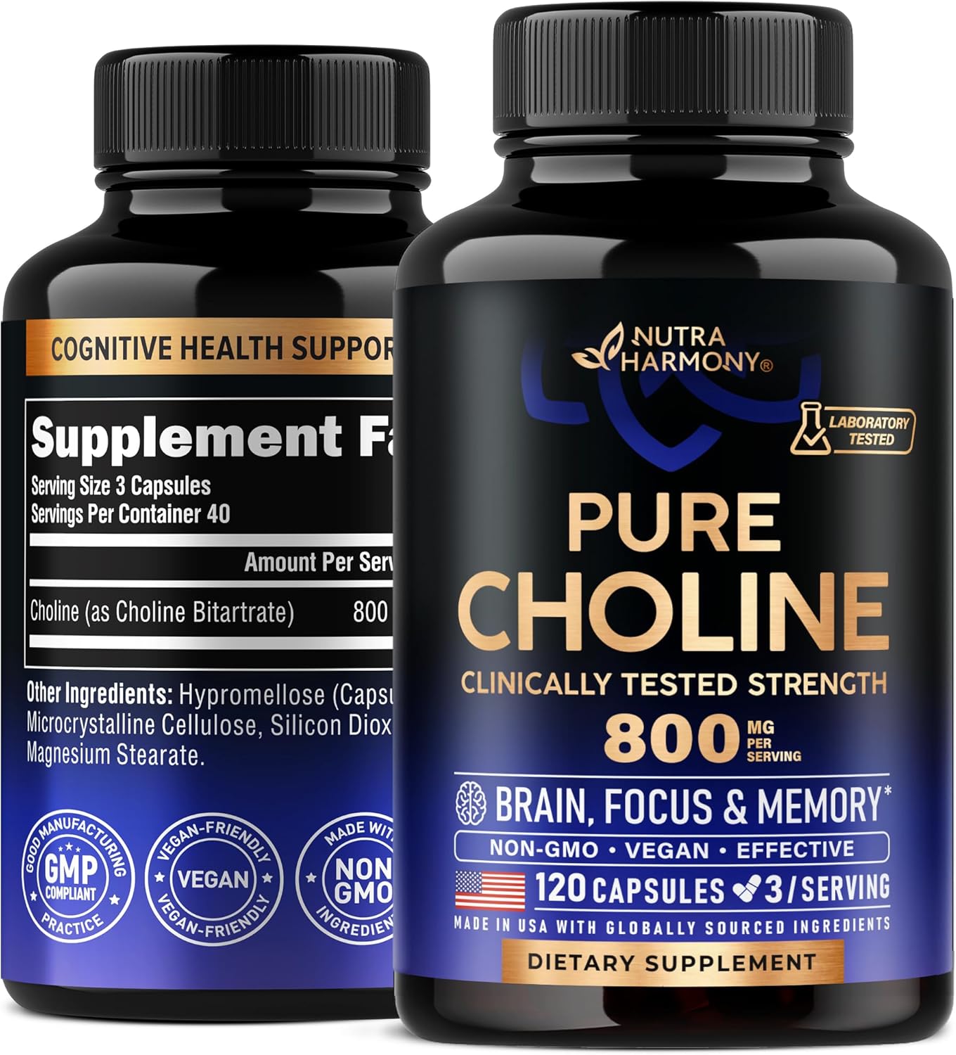 NUTRAHARMONY Choline 800 mg Capsules - Vegan Brain & Cognitive Support Supplement - Focus & Attention Formula - Non-GMO, Lab Tested - 120 Count, 40 Day Supply