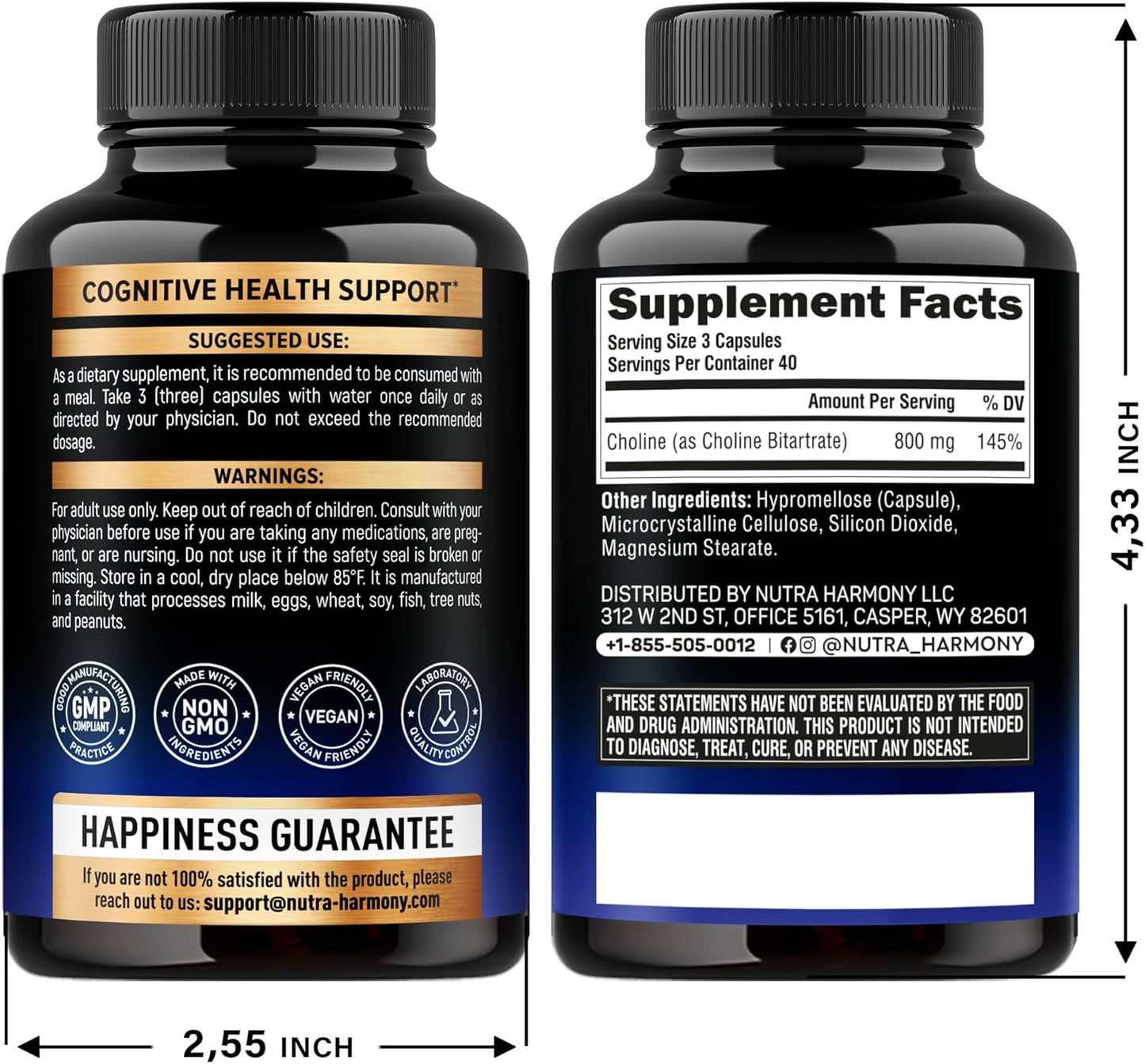 NUTRAHARMONY Choline 800 mg Capsules - Vegan Brain & Cognitive Support Supplement - Focus & Attention Formula - Non-GMO, Lab Tested - 120 Count, 40 Day Supply