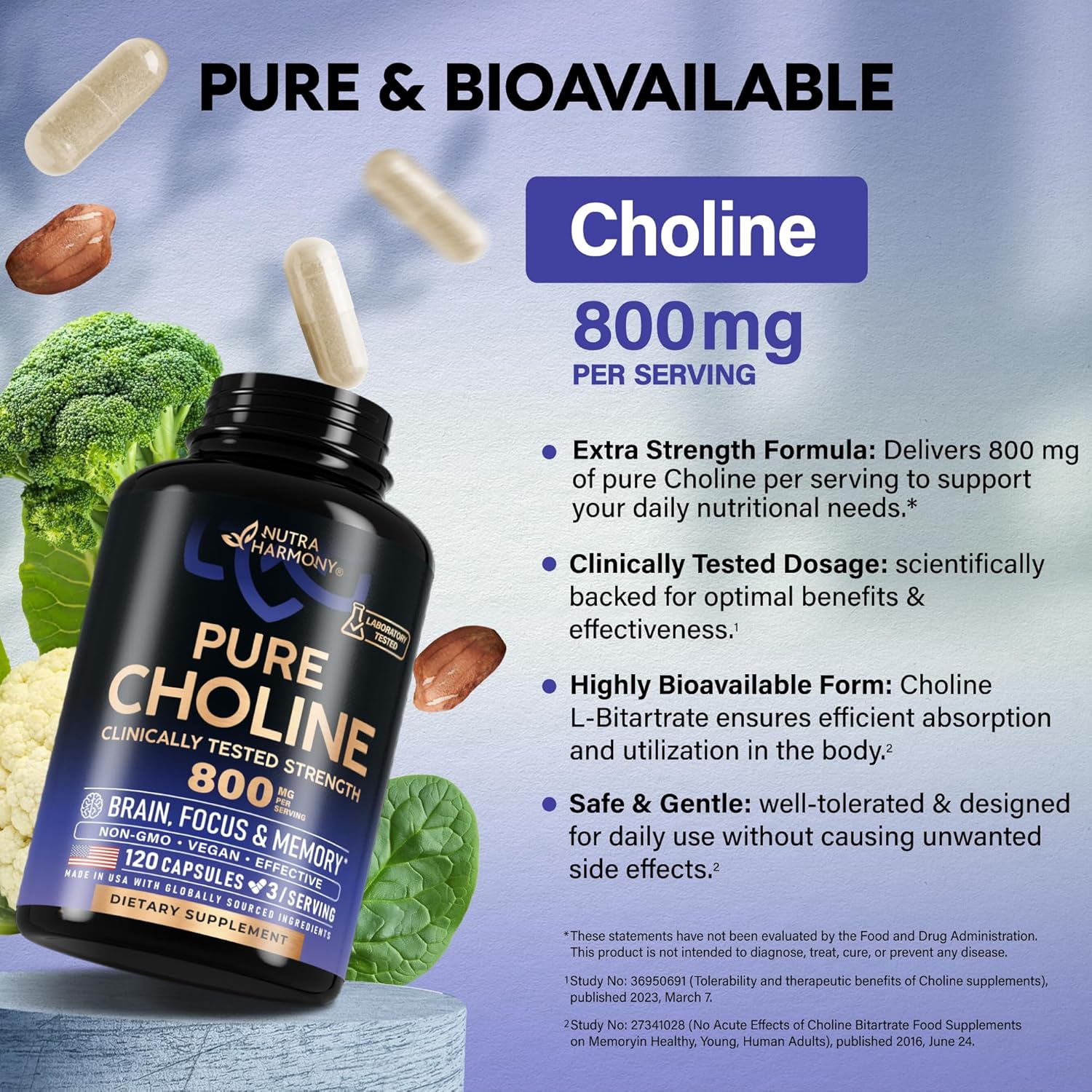 NUTRAHARMONY Choline 800 mg Capsules - Vegan Brain & Cognitive Support Supplement - Focus & Attention Formula - Non-GMO, Lab Tested - 120 Count, 40 Day Supply