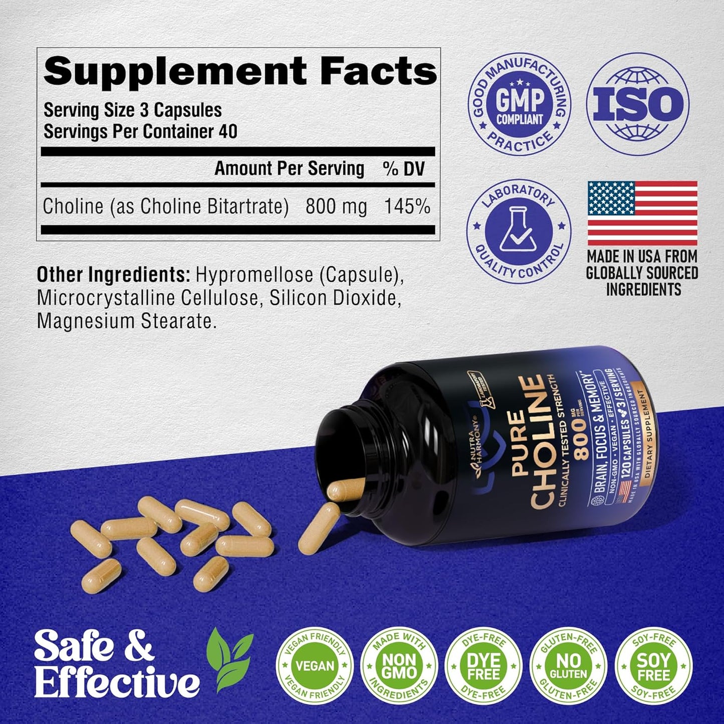 NUTRAHARMONY Choline 800 mg Capsules - Vegan Brain & Cognitive Support Supplement - Focus & Attention Formula - Non-GMO, Lab Tested - 120 Count, 40 Day Supply