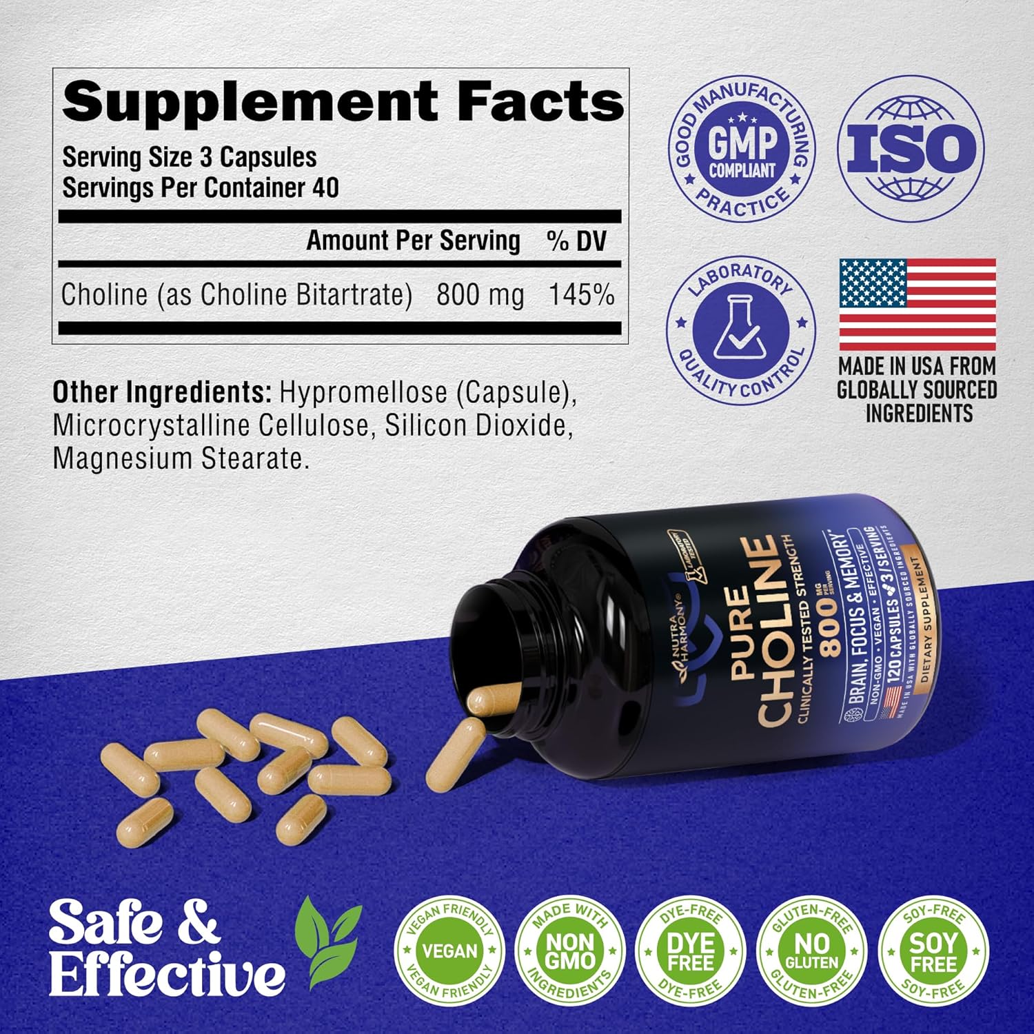 NUTRAHARMONY Choline 800 mg Capsules - Vegan Brain & Cognitive Support Supplement - Focus & Attention Formula - Non-GMO, Lab Tested - 120 Count, 40 Day Supply