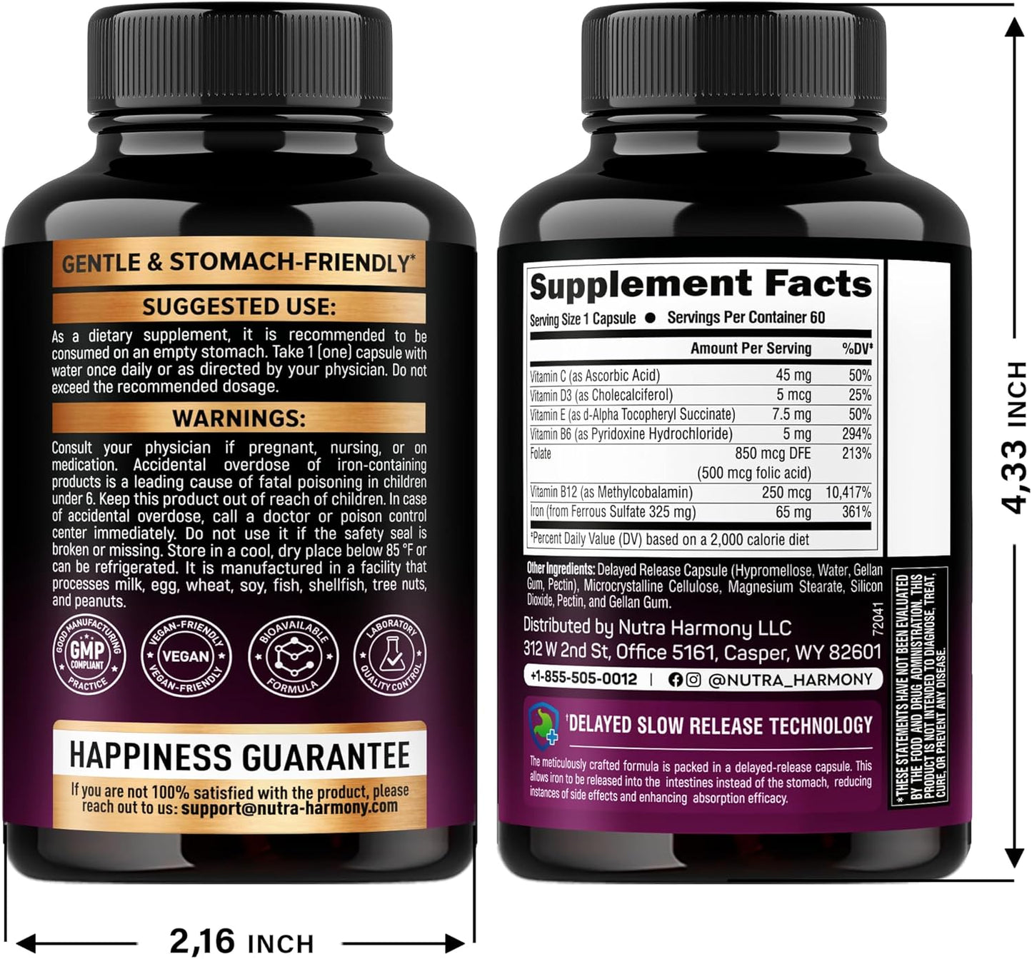 NUTRAHARMONY Iron Supplement for Women - High Absorption Iron 65mg - Stomach Friendly Slow Release Formula with Vitamins C, D3, B6, B12 & Folate - Energy Support - 60 Capsules