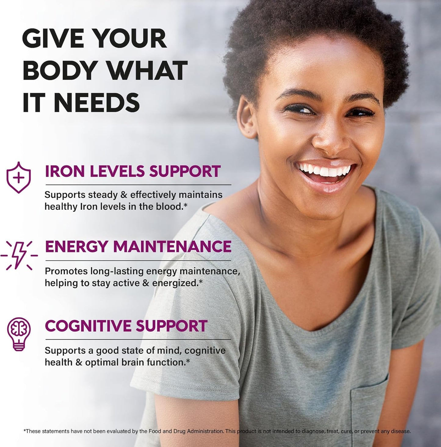 NUTRAHARMONY Iron Supplement for Women - High Absorption Iron 65mg - Stomach Friendly Slow Release Formula with Vitamins C, D3, B6, B12 & Folate - Energy Support - 60 Capsules