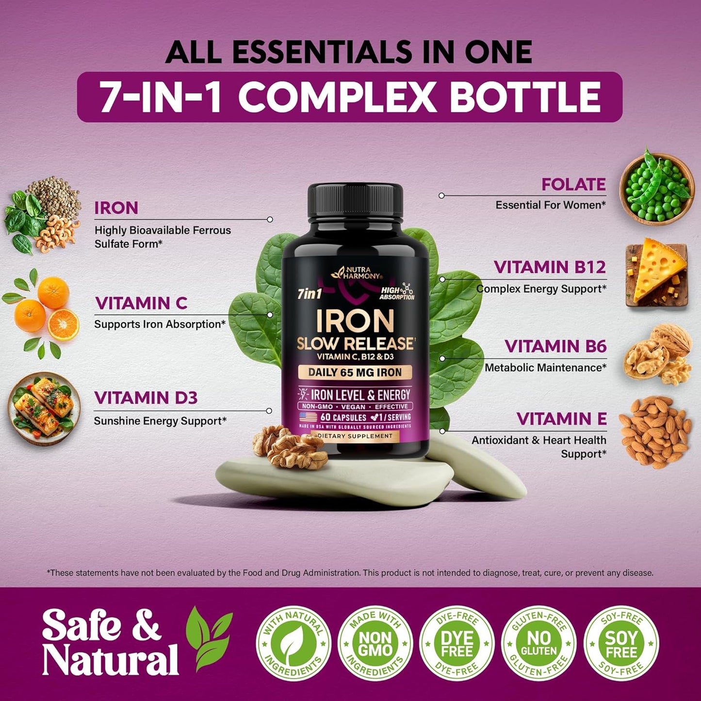 NUTRAHARMONY Iron Supplement for Women - High Absorption Iron 65mg - Stomach Friendly Slow Release Formula with Vitamins C, D3, B6, B12 & Folate - Energy Support - 60 Capsules