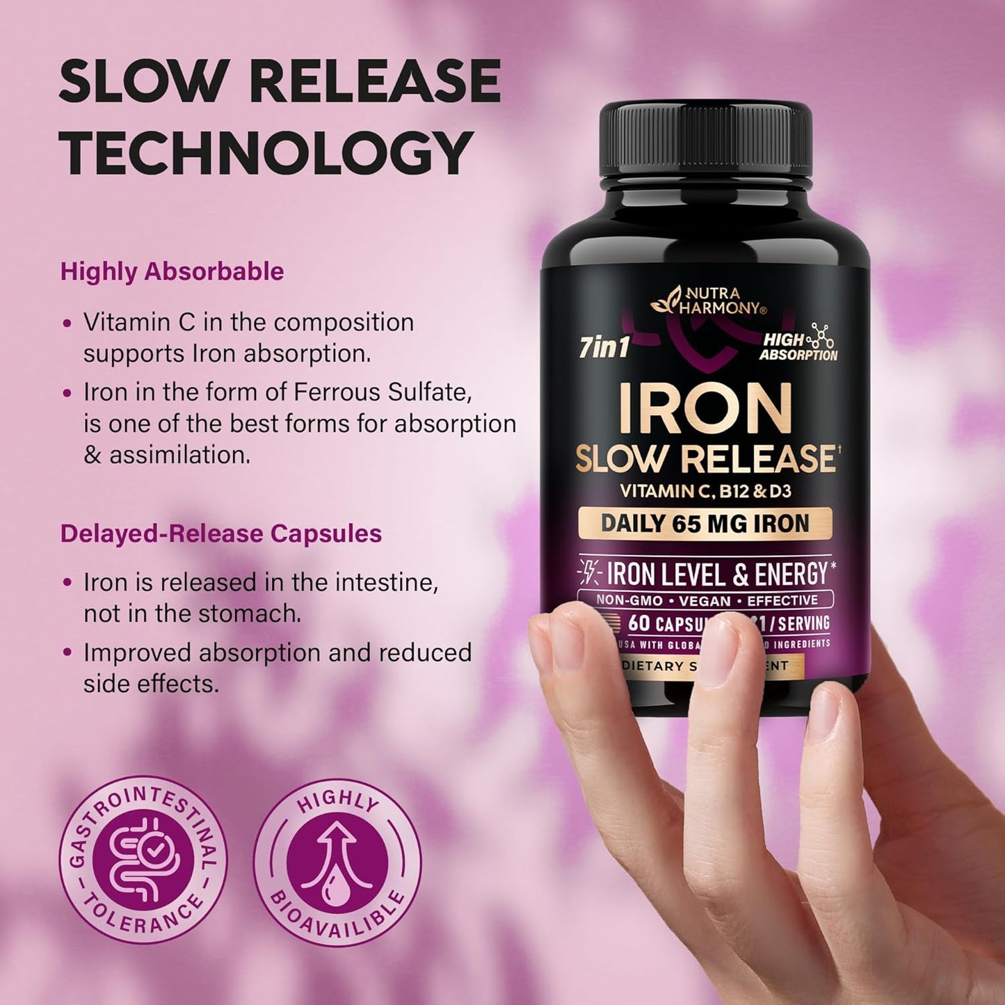 NUTRAHARMONY Iron Supplement for Women - High Absorption Iron 65mg - Stomach Friendly Slow Release Formula with Vitamins C, D3, B6, B12 & Folate - Energy Support - 60 Capsules