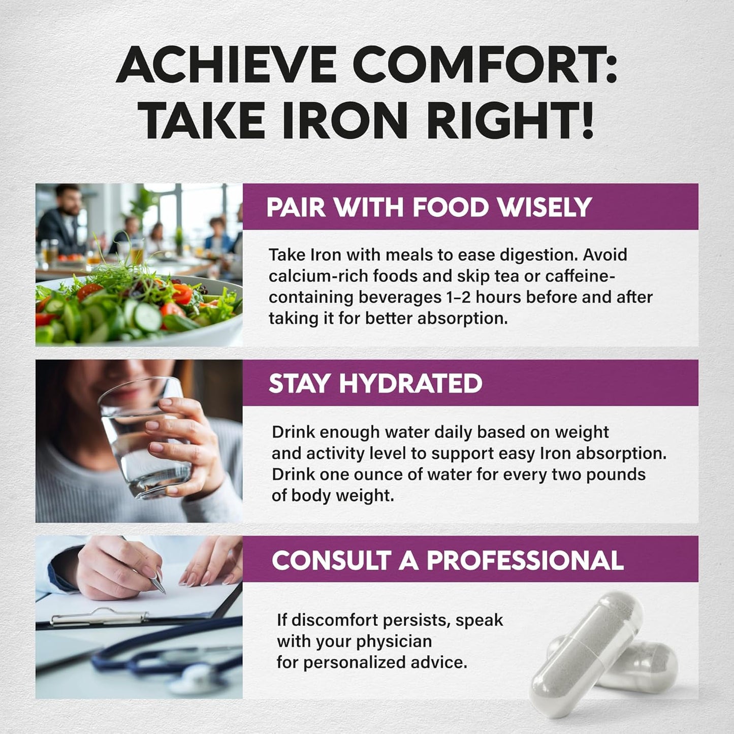 NUTRAHARMONY Iron Supplement for Women - High Absorption Iron 65mg - Stomach Friendly Slow Release Formula with Vitamins C, D3, B6, B12 & Folate - Energy Support - 60 Capsules