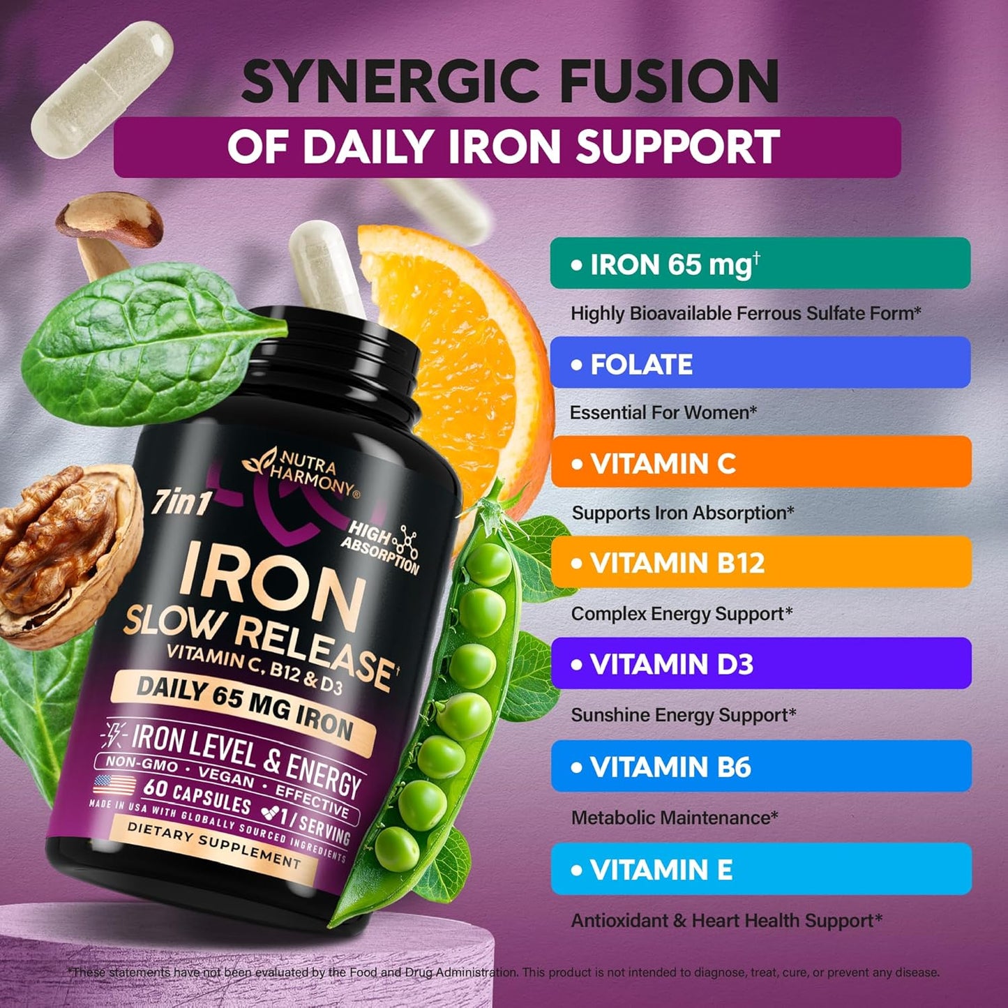 NUTRAHARMONY Iron Supplement for Women - High Absorption Iron 65mg - Stomach Friendly Slow Release Formula with Vitamins C, D3, B6, B12 & Folate - Energy Support - 60 Capsules