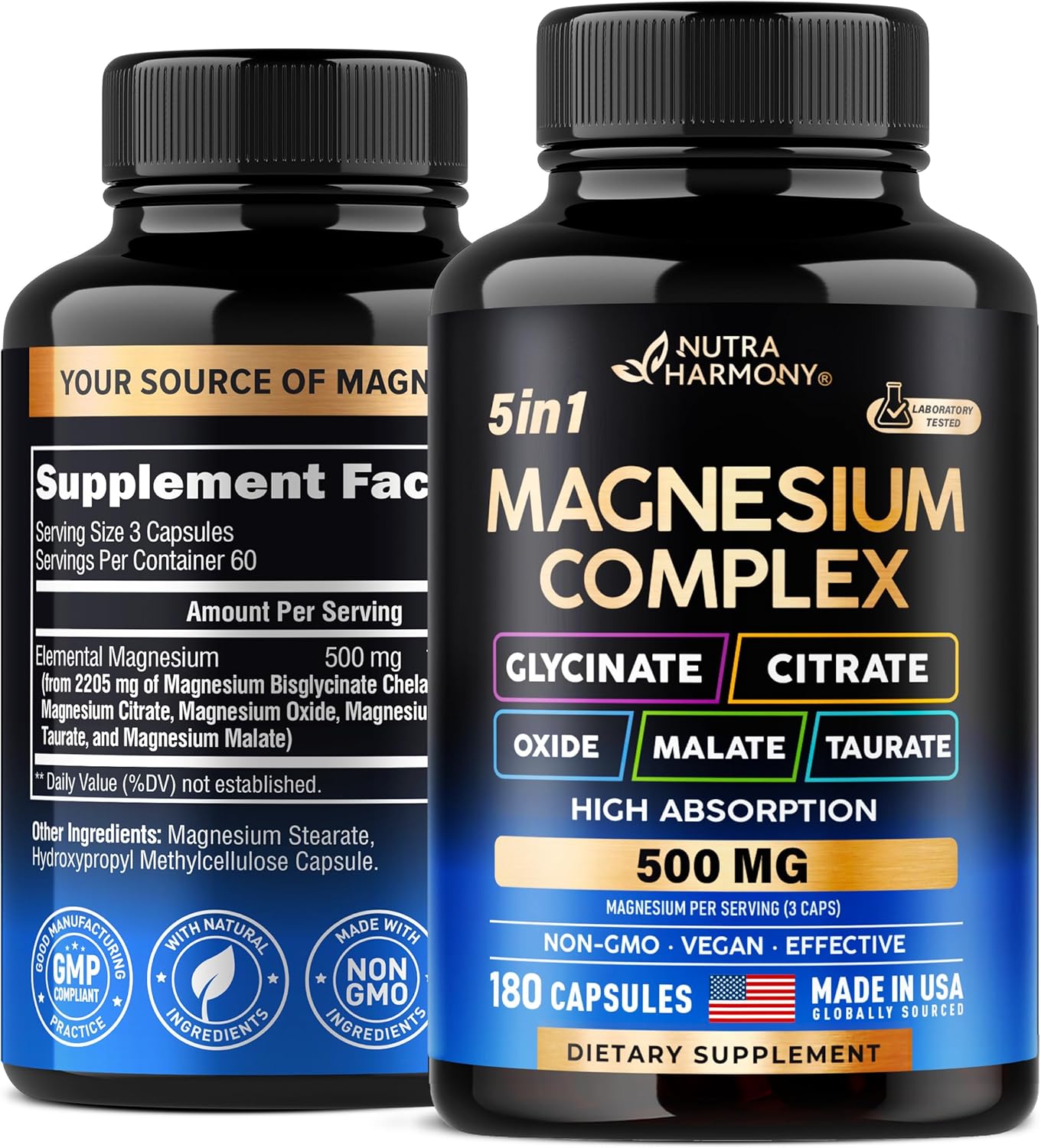 NUTRAHARMONY Magnesium Supplement - 5-in-1 Complex for Stress, Muscle & Heart Support - Vegan, Natural, Non-GMO - 180 Capsules, Made in USA