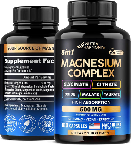 NUTRAHARMONY Magnesium Supplement - 5-in-1 Complex for Stress, Muscle & Heart Support - Vegan, Natural, Non-GMO - 180 Capsules, Made in USA
