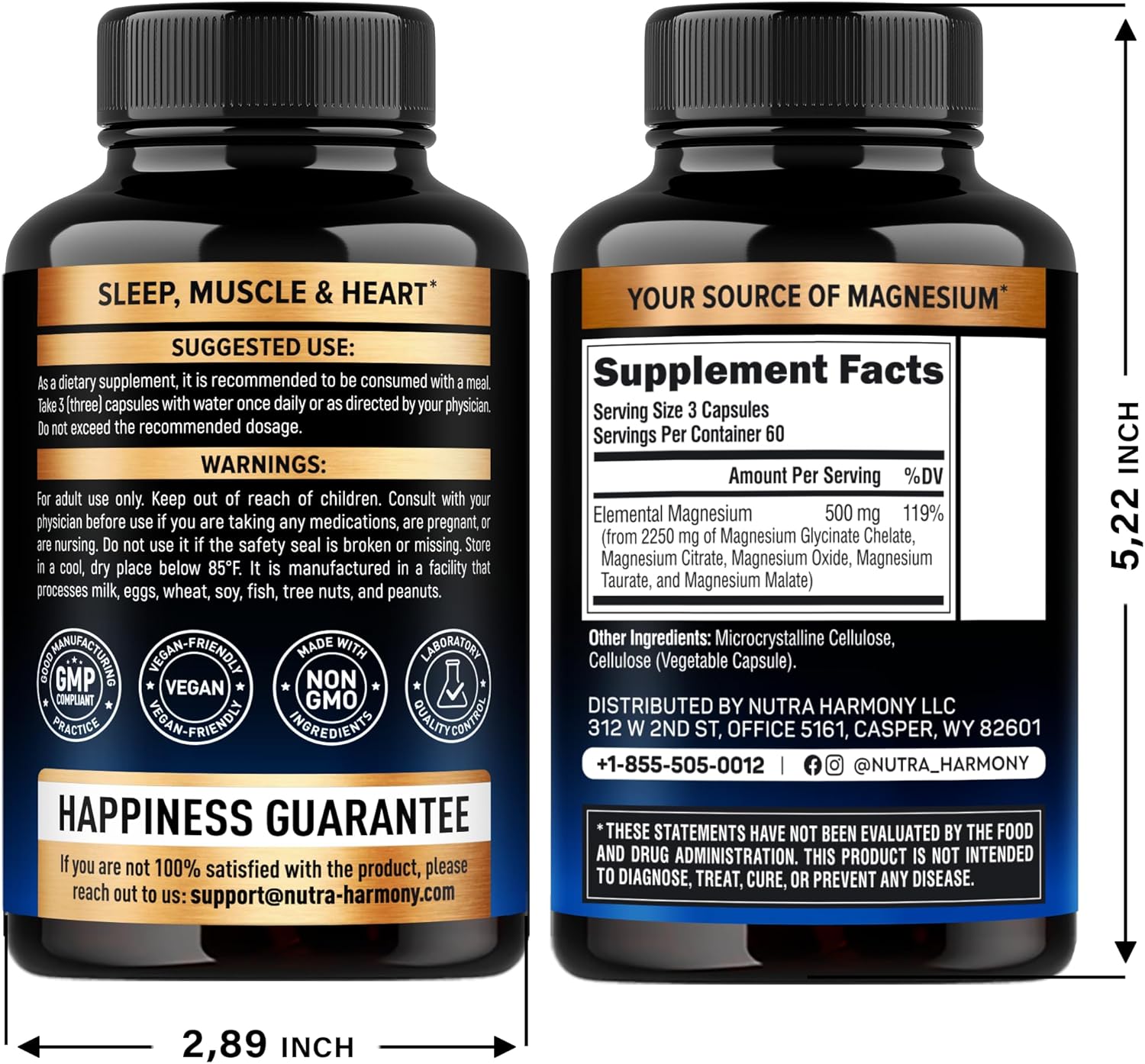 NUTRAHARMONY Magnesium Supplement - 5-in-1 Complex for Stress, Muscle & Heart Support - Vegan, Natural, Non-GMO - 180 Capsules, Made in USA
