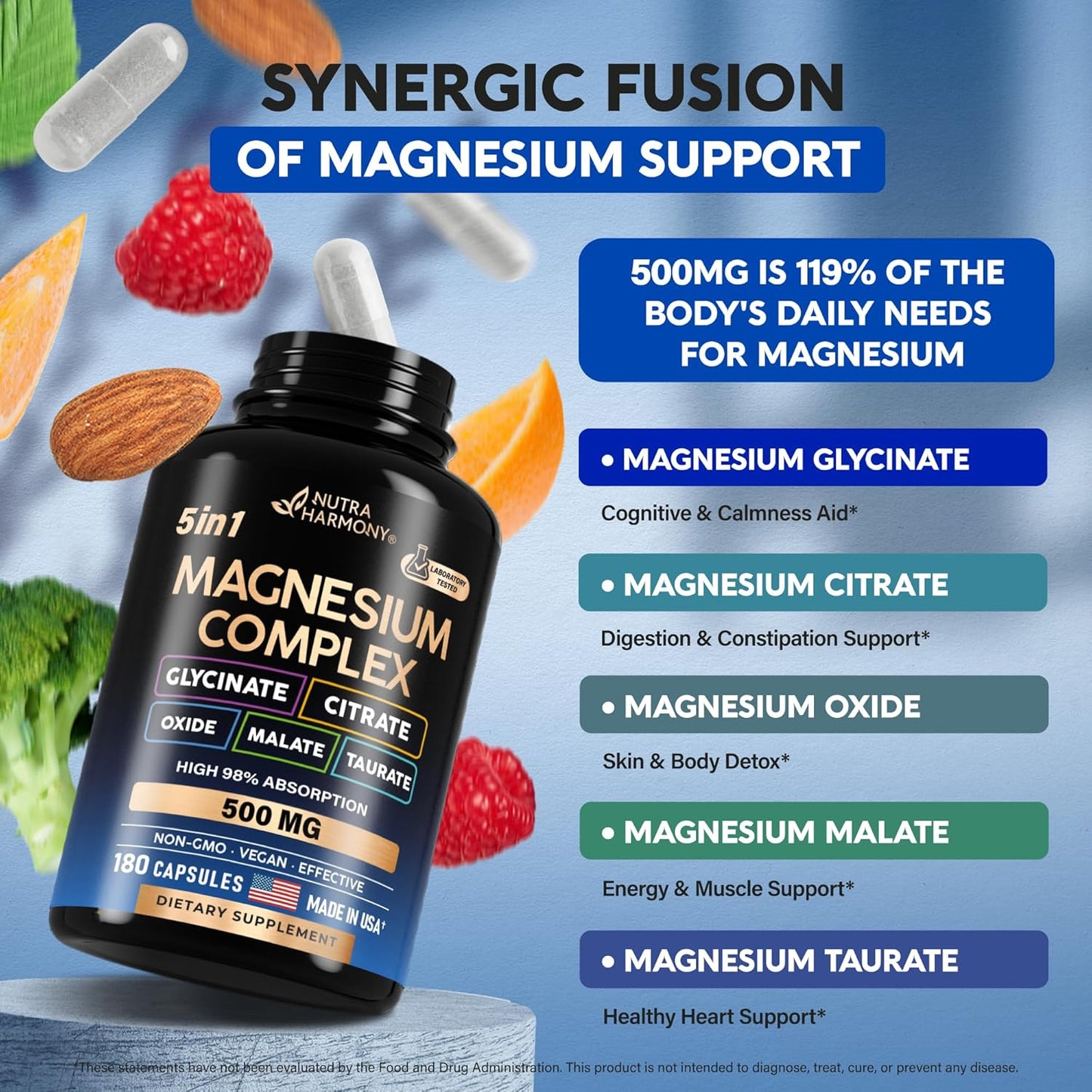 NUTRAHARMONY Magnesium Supplement - 5-in-1 Complex for Stress, Muscle & Heart Support - Vegan, Natural, Non-GMO - 180 Capsules, Made in USA