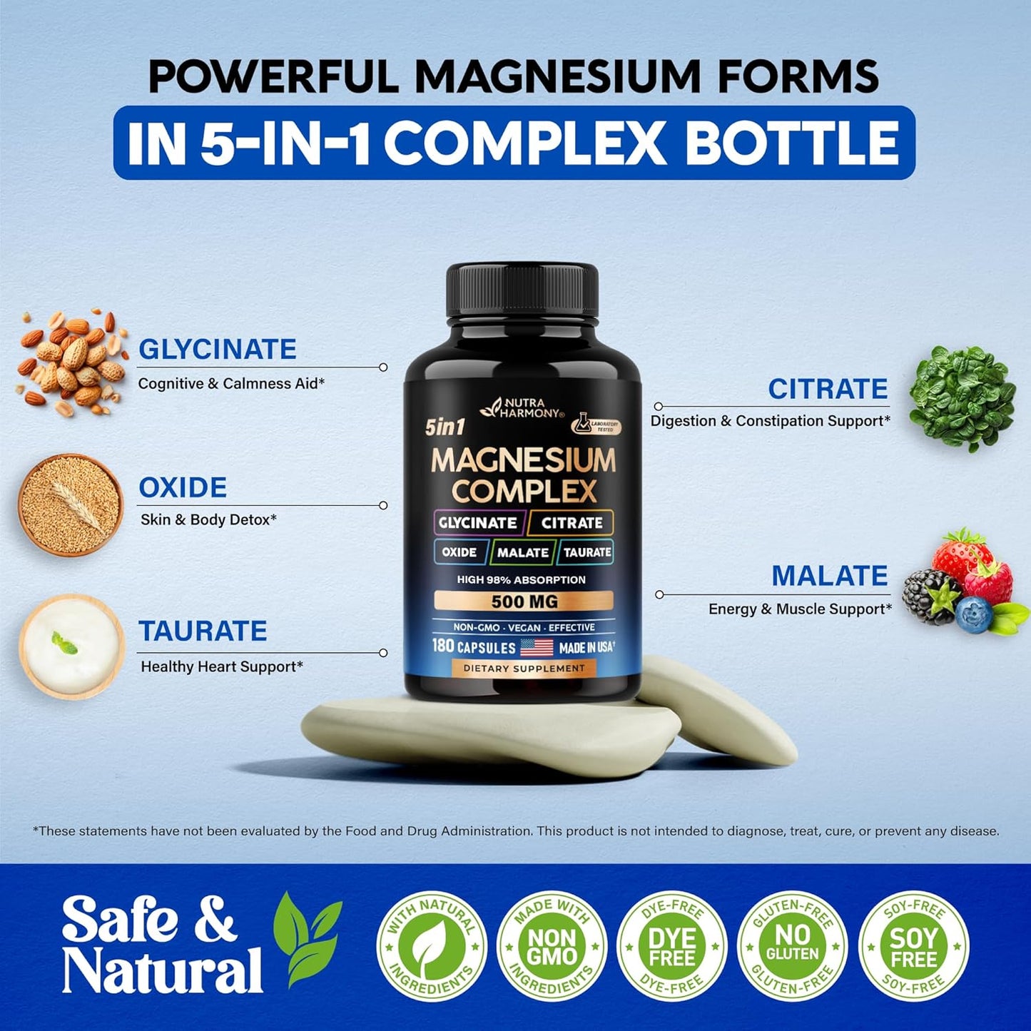NUTRAHARMONY Magnesium Supplement - 5-in-1 Complex for Stress, Muscle & Heart Support - Vegan, Natural, Non-GMO - 180 Capsules, Made in USA