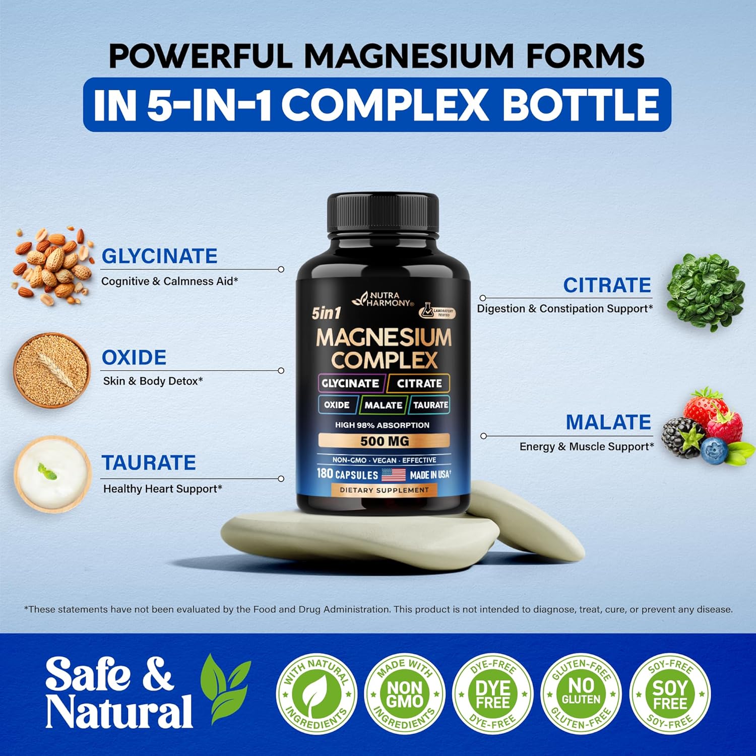 NUTRAHARMONY Magnesium Supplement - 5-in-1 Complex for Stress, Muscle & Heart Support - Vegan, Natural, Non-GMO - 180 Capsules, Made in USA