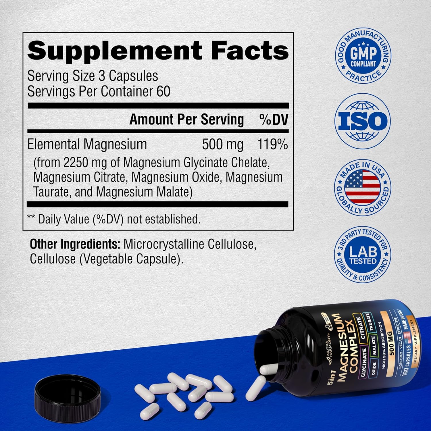 NUTRAHARMONY Magnesium Supplement - 5-in-1 Complex for Stress, Muscle & Heart Support - Vegan, Natural, Non-GMO - 180 Capsules, Made in USA