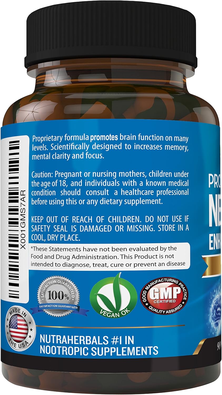 NUTRAHERBALS Brain Booster Supplement - 90 Day Supply for Mental Clarity, Memory & Focus - Formulated with DMAE, Bacopa Monnieri, Rhodiola Rosea