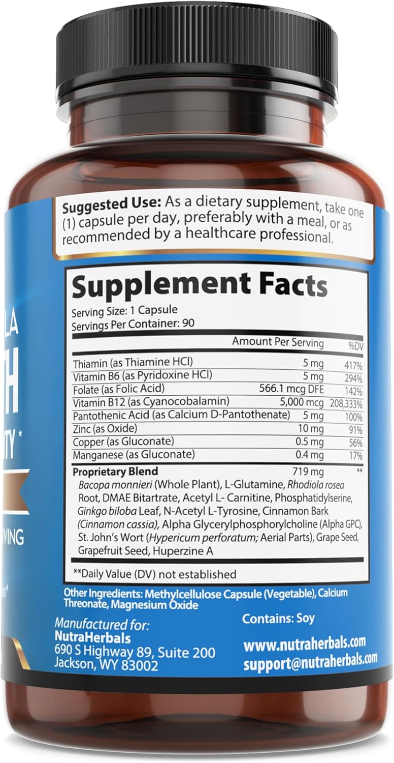 NUTRAHERBALS Brain Booster Supplement - 90 Day Supply for Mental Clarity, Memory & Focus - Formulated with DMAE, Bacopa Monnieri, Rhodiola Rosea