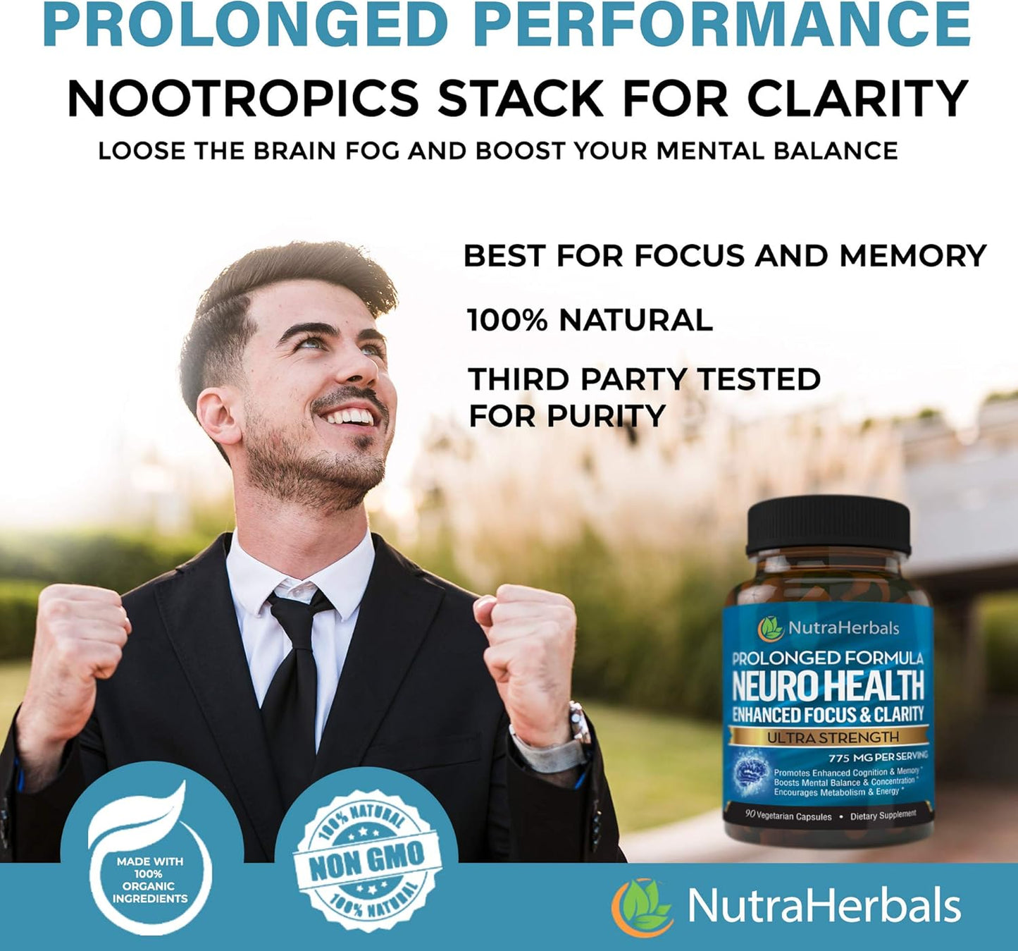 NUTRAHERBALS Brain Booster Supplement - 90 Day Supply for Mental Clarity, Memory & Focus - Formulated with DMAE, Bacopa Monnieri, Rhodiola Rosea