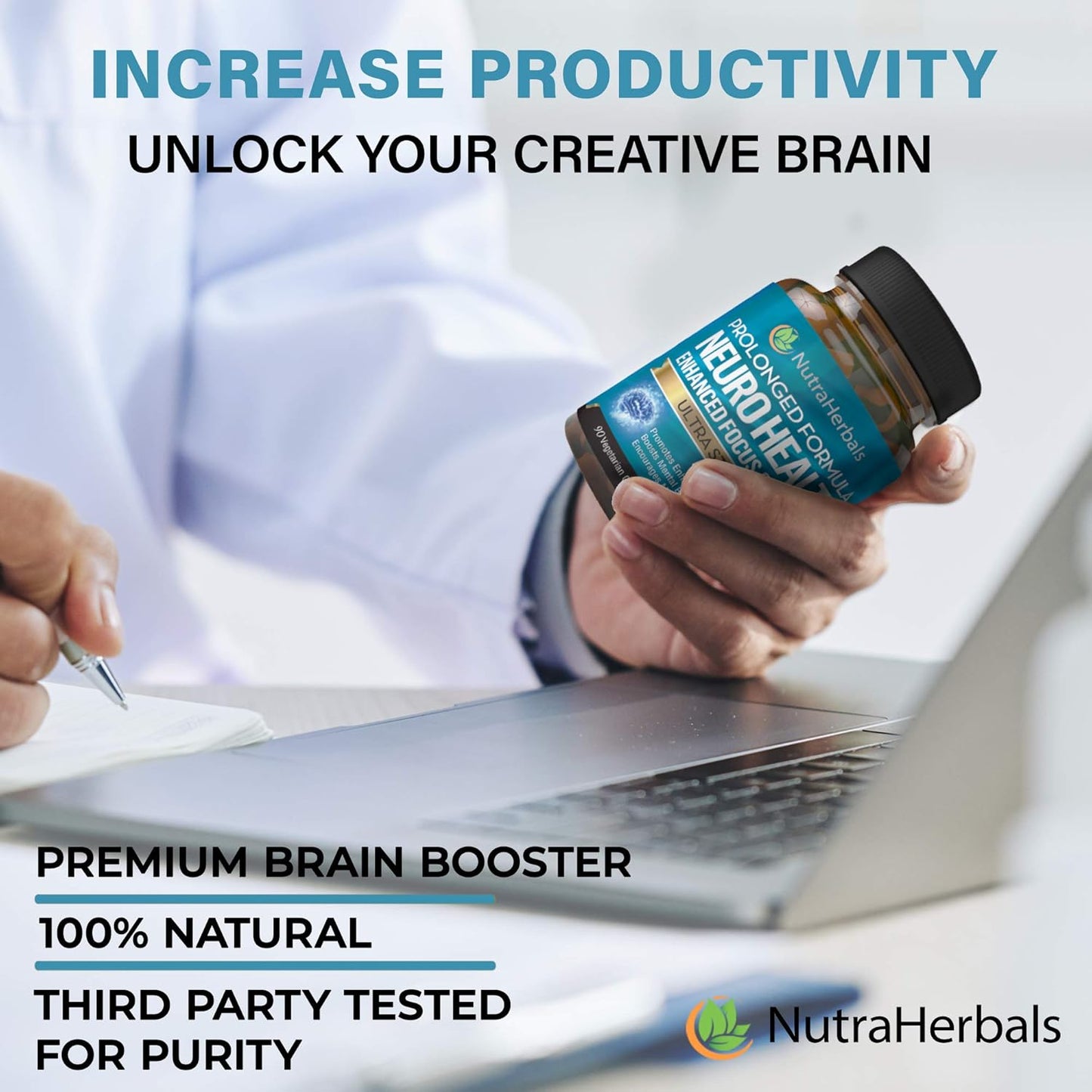 NUTRAHERBALS Brain Booster Supplement - 90 Day Supply for Mental Clarity, Memory & Focus - Formulated with DMAE, Bacopa Monnieri, Rhodiola Rosea