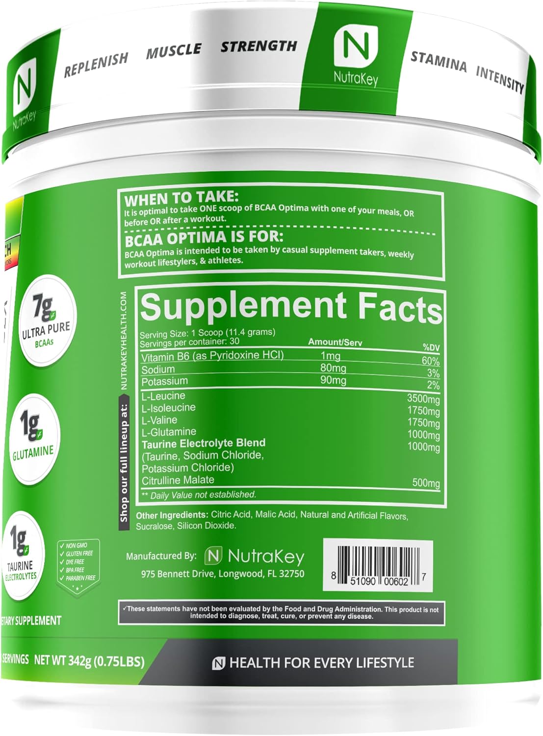 NutraKey BCAA Optima Post-Workout Recovery Complex - Sugar-Free, Carb-Free, Fruit Punch Flavor
