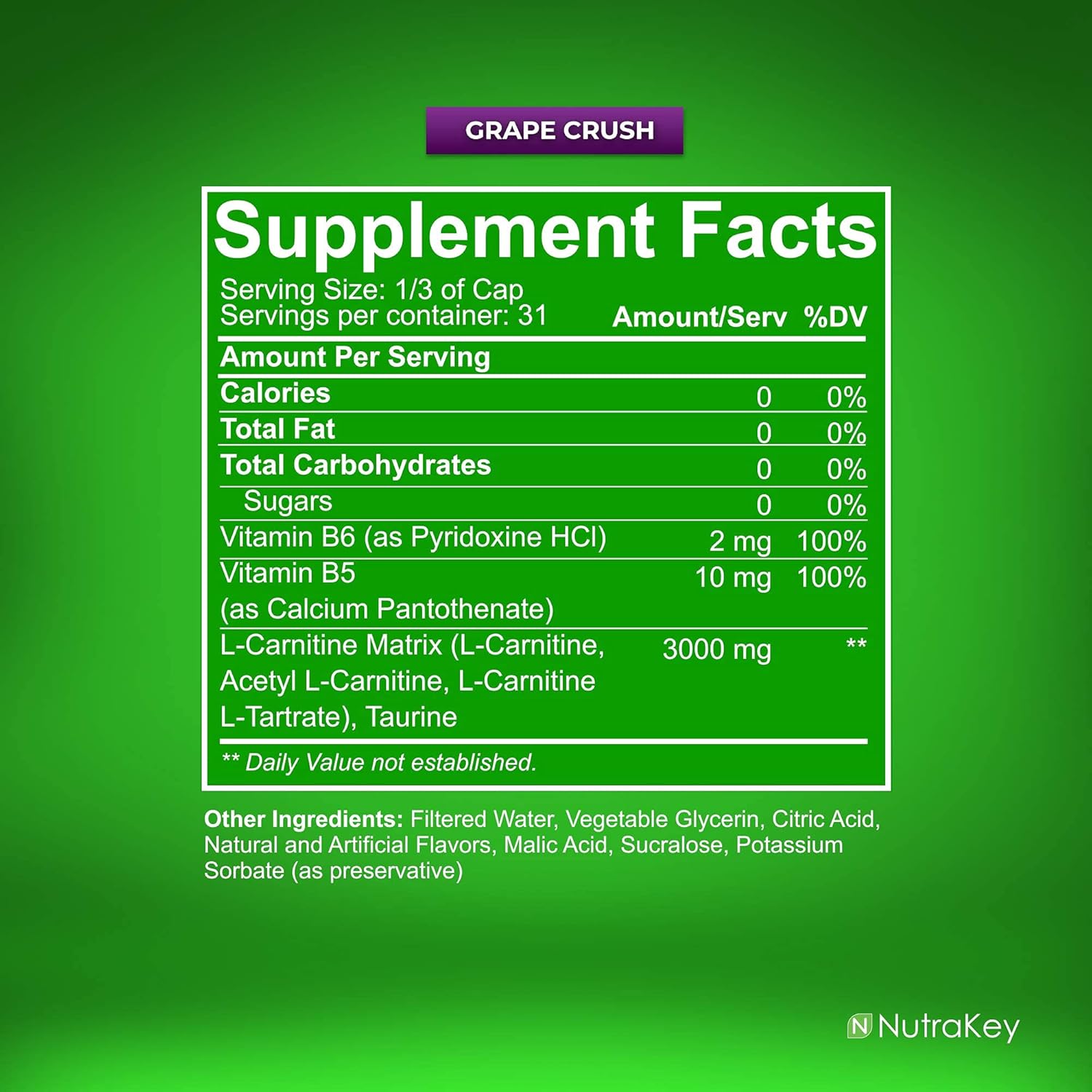 NutraKey L-Carnitine 3000mg Grape Crush: Sugar-Free, Gluten-Free Energy Booster with 31 Servings