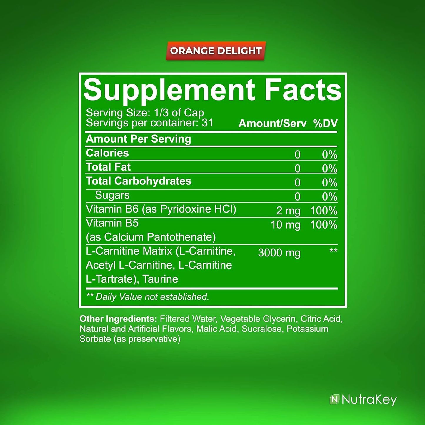 NutraKey L-Carnitine 3000mg Orange Delight - Sugar-Free, Gluten-Free Energy Fuel (31 Servings)