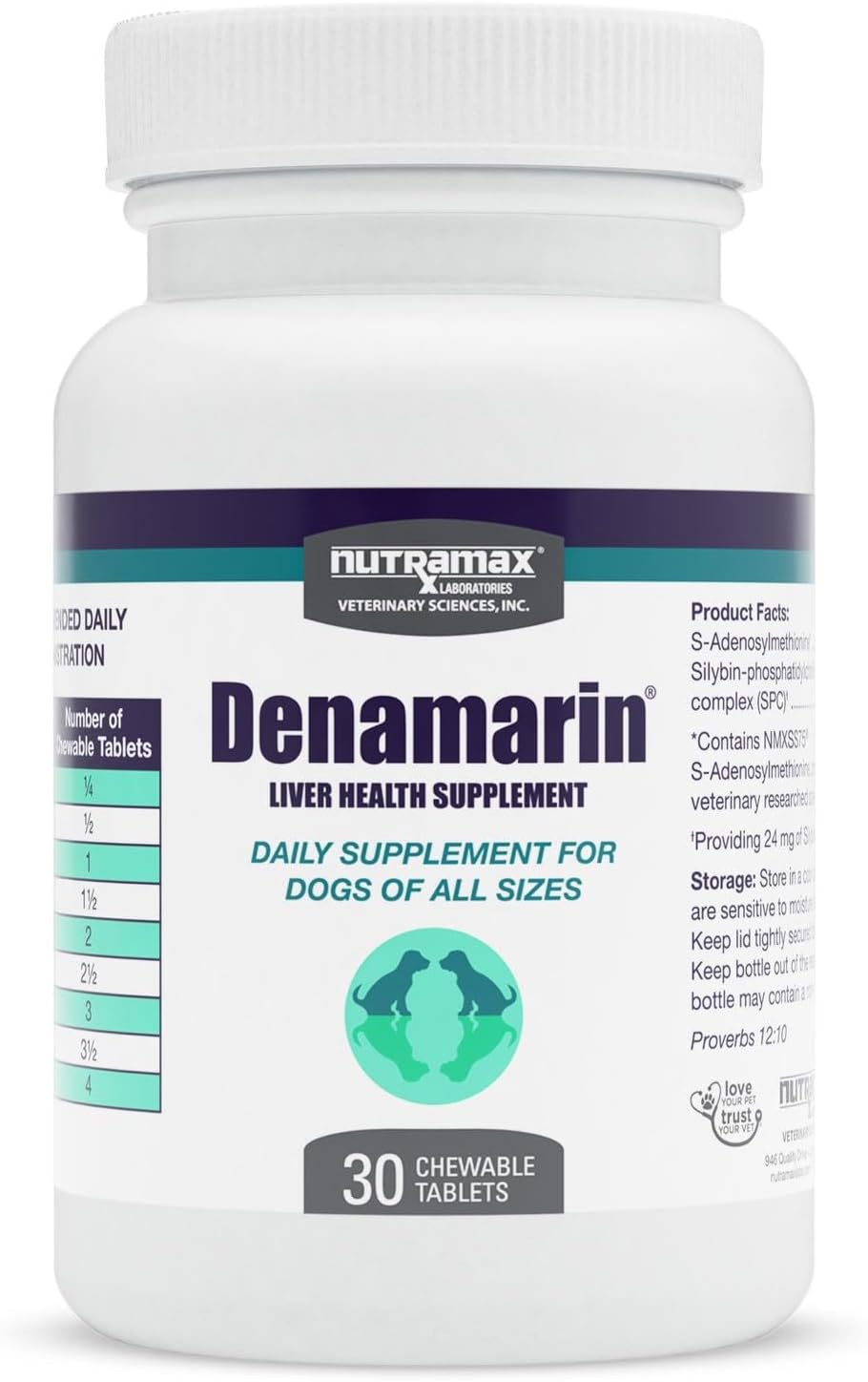 Nutramax Denamarin Liver Health Supplement for Dogs - 30 Chewable Tablets with SAMe and Silybin