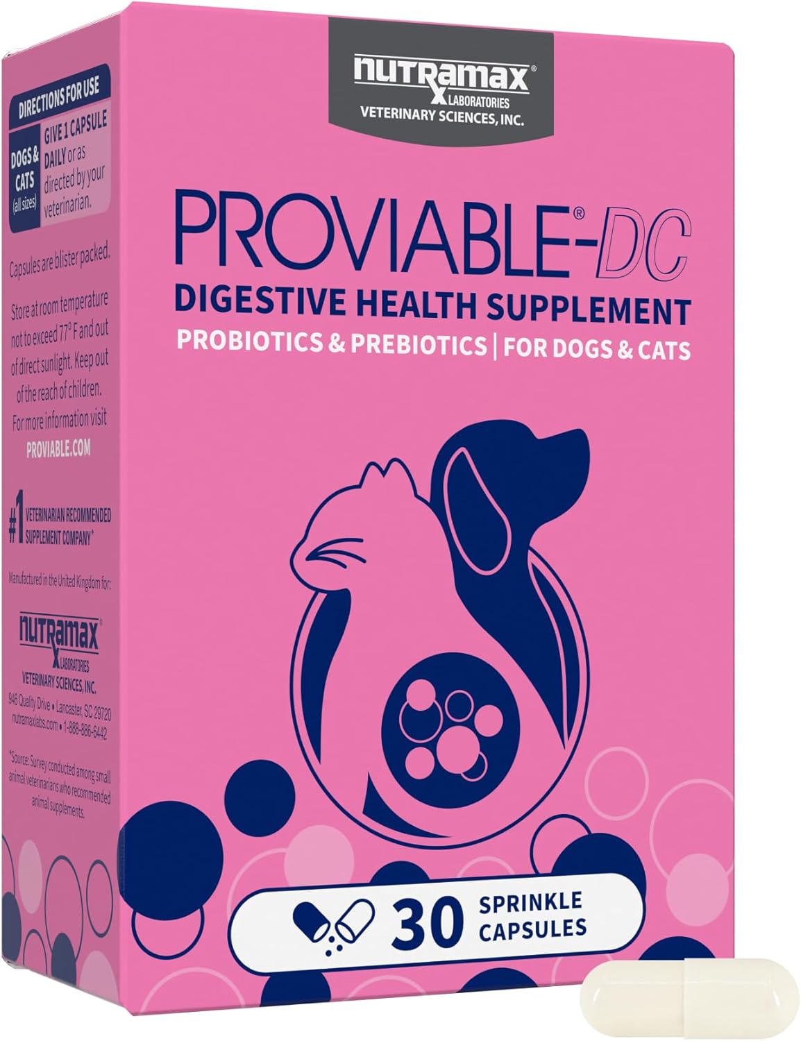 Nutramax Proviable Digestive Health Supplement for Cats and Dogs - Multi-Strain Probiotics with Prebiotics, 30 Capsules