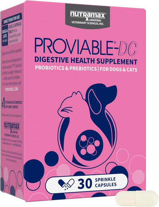 Nutramax Proviable Digestive Health Supplement for Cats and Dogs - Multi-Strain Probiotics with Prebiotics, 30 Capsules