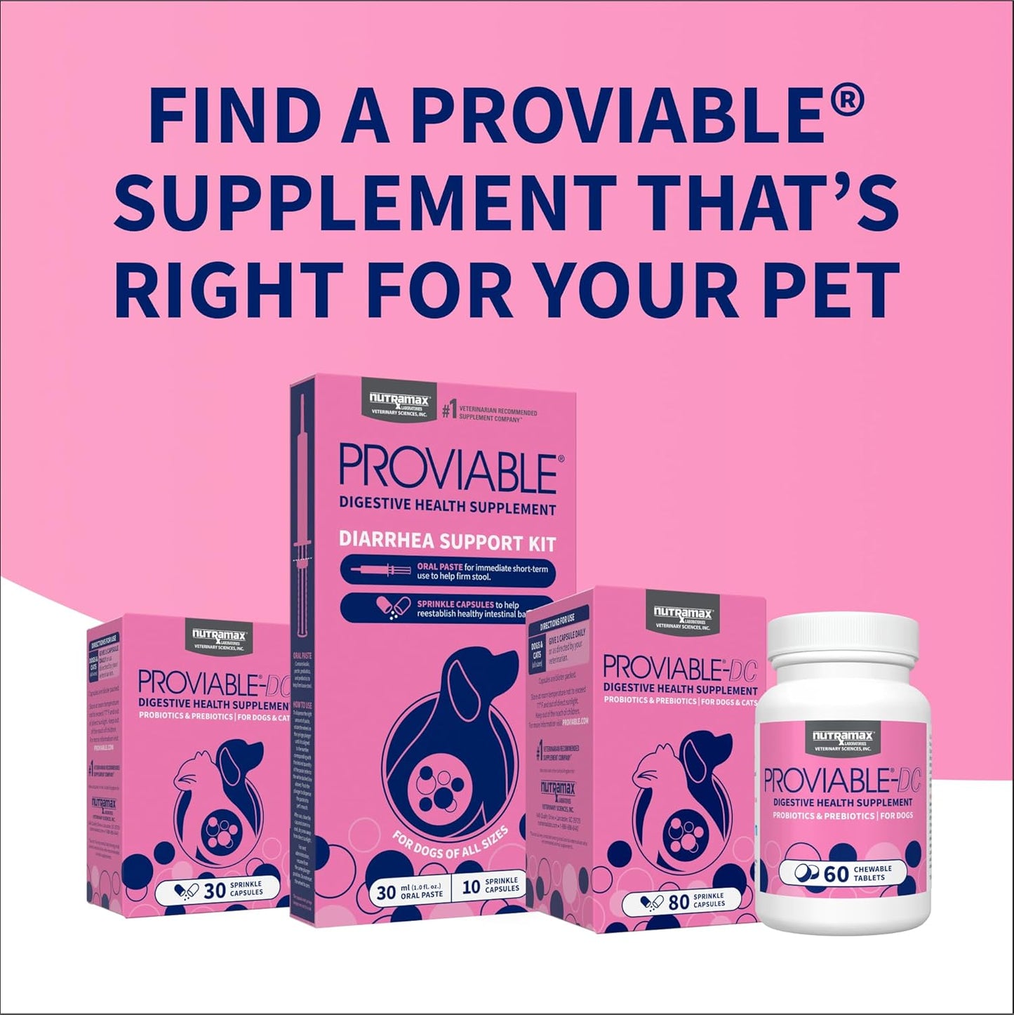 Nutramax Proviable Digestive Health Supplement for Cats and Dogs - Multi-Strain Probiotics with Prebiotics, 30 Capsules