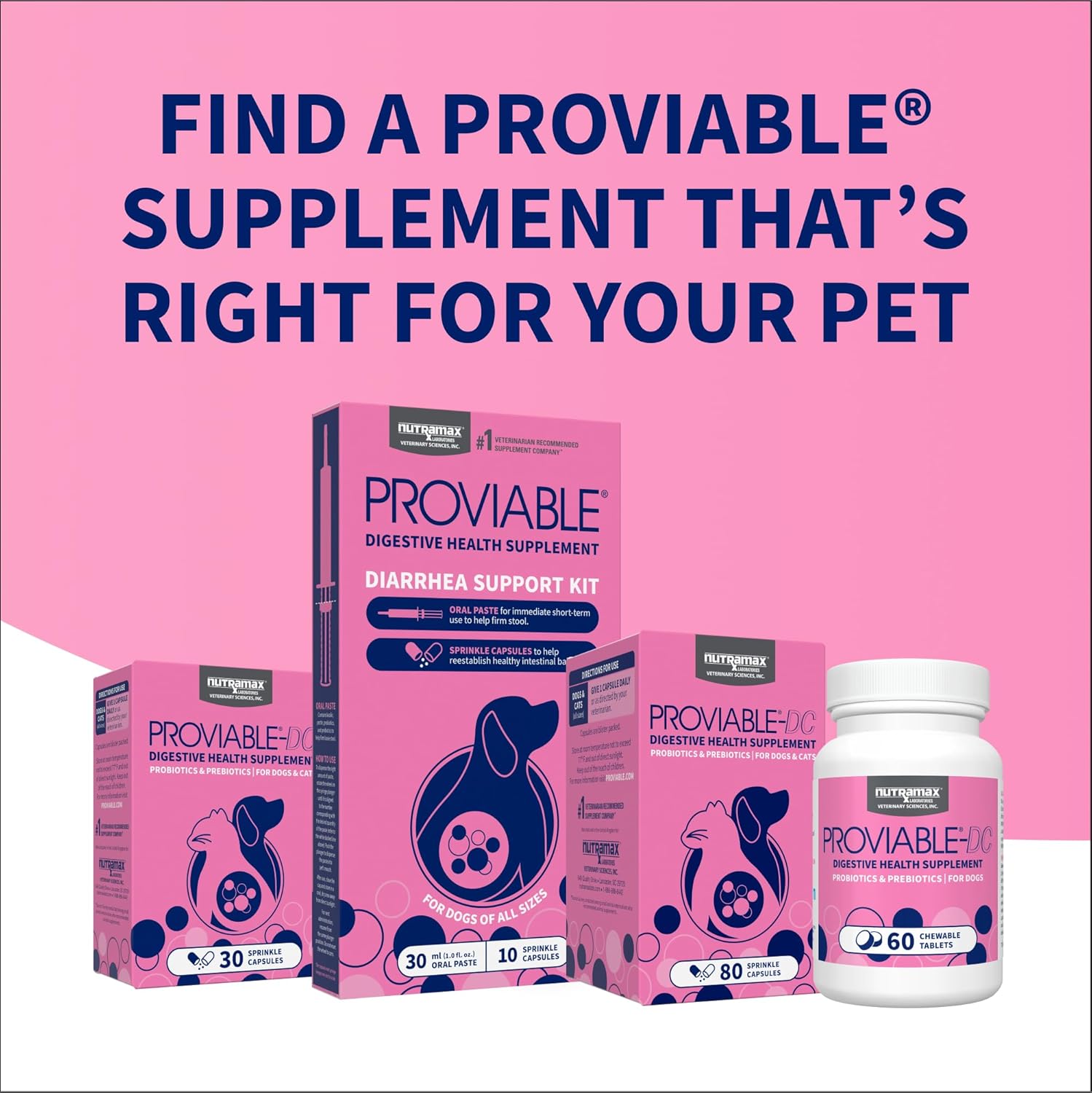 Nutramax Proviable Digestive Health Supplement for Cats and Dogs - Multi-Strain Probiotics with Prebiotics, 30 Capsules