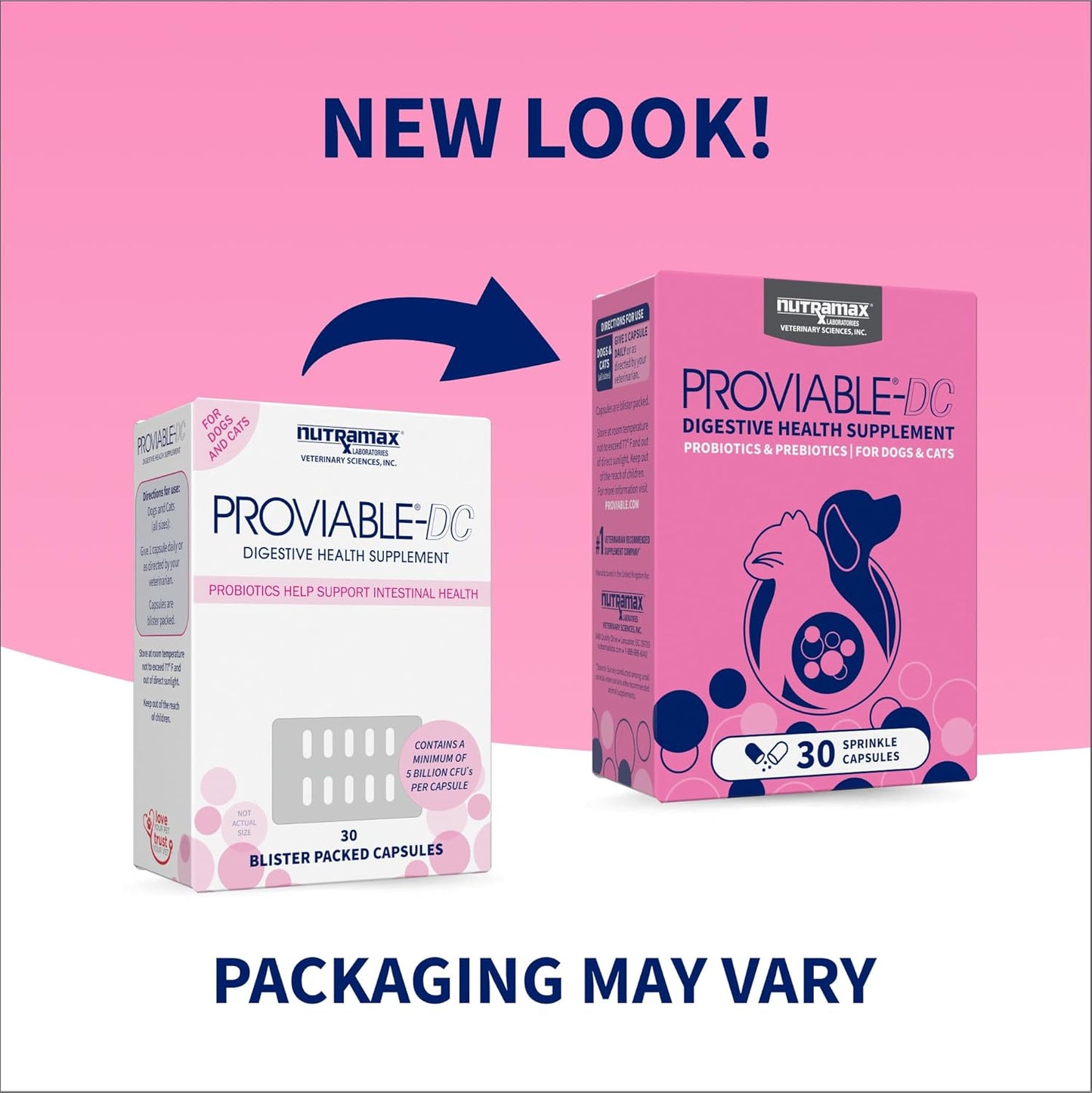 Nutramax Proviable Digestive Health Supplement for Cats and Dogs - Multi-Strain Probiotics with Prebiotics, 30 Capsules