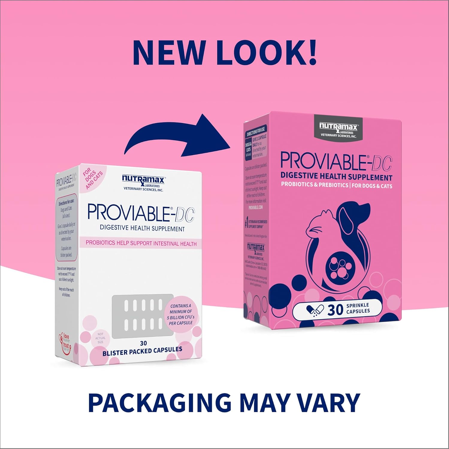 Nutramax Proviable Digestive Health Supplement for Cats and Dogs - Multi-Strain Probiotics with Prebiotics, 30 Capsules