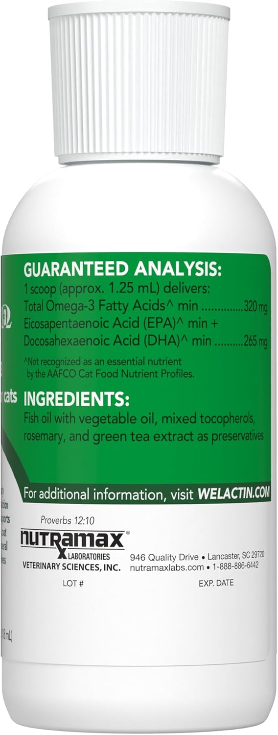 Nutramax Welactin Omega-3 Fish Oil Liquid Supplement for Cats - 4 Ounce, Promotes Healthy Skin and Coat