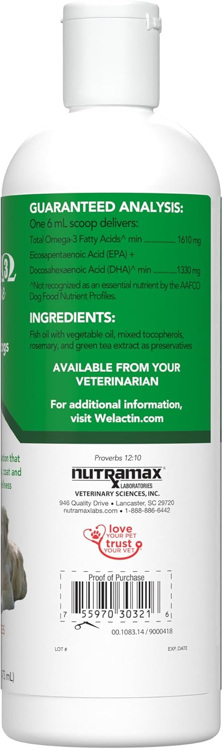 Nutramax Welactin Omega-3 Fish Oil Supplement for Dogs - 16 oz Liquid Formula for Skin & Coat Health by Nutramax Labs