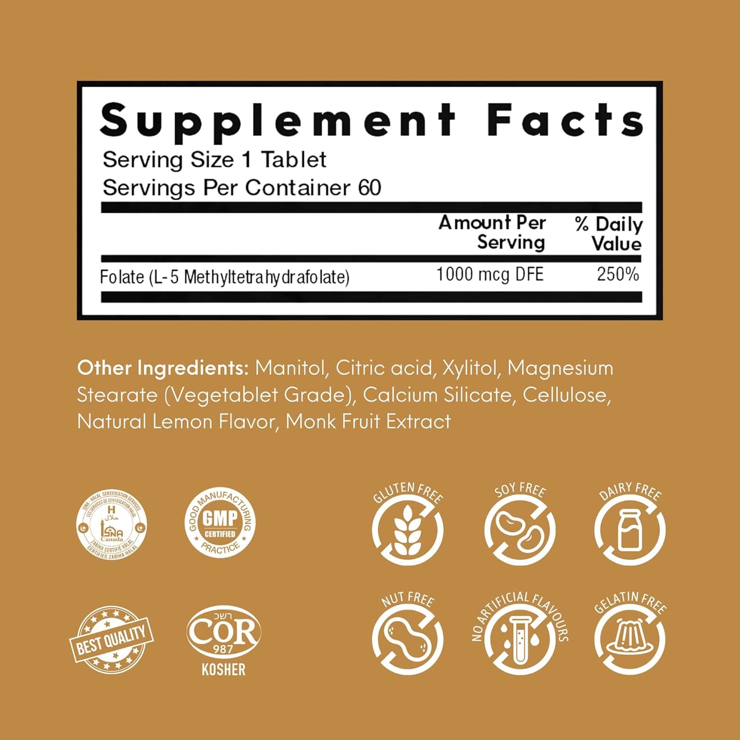 NutraMeltz L-MTHF Folate 1mg Tablets - Mood Booster, Immune Support, Heart Health - Quick Dissolve Lemon Flavor - 60 Count