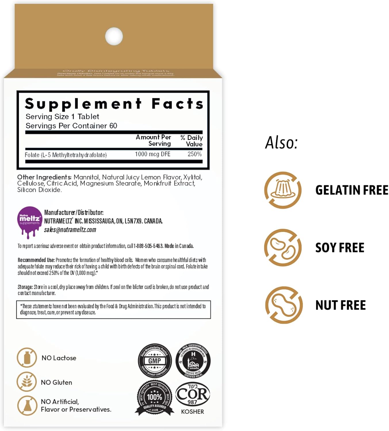 NutraMeltz L-MTHF Folate 1mg Tablets - Mood Booster, Immune Support, Heart Health - Quick Dissolve Lemon Flavor - 60 Count