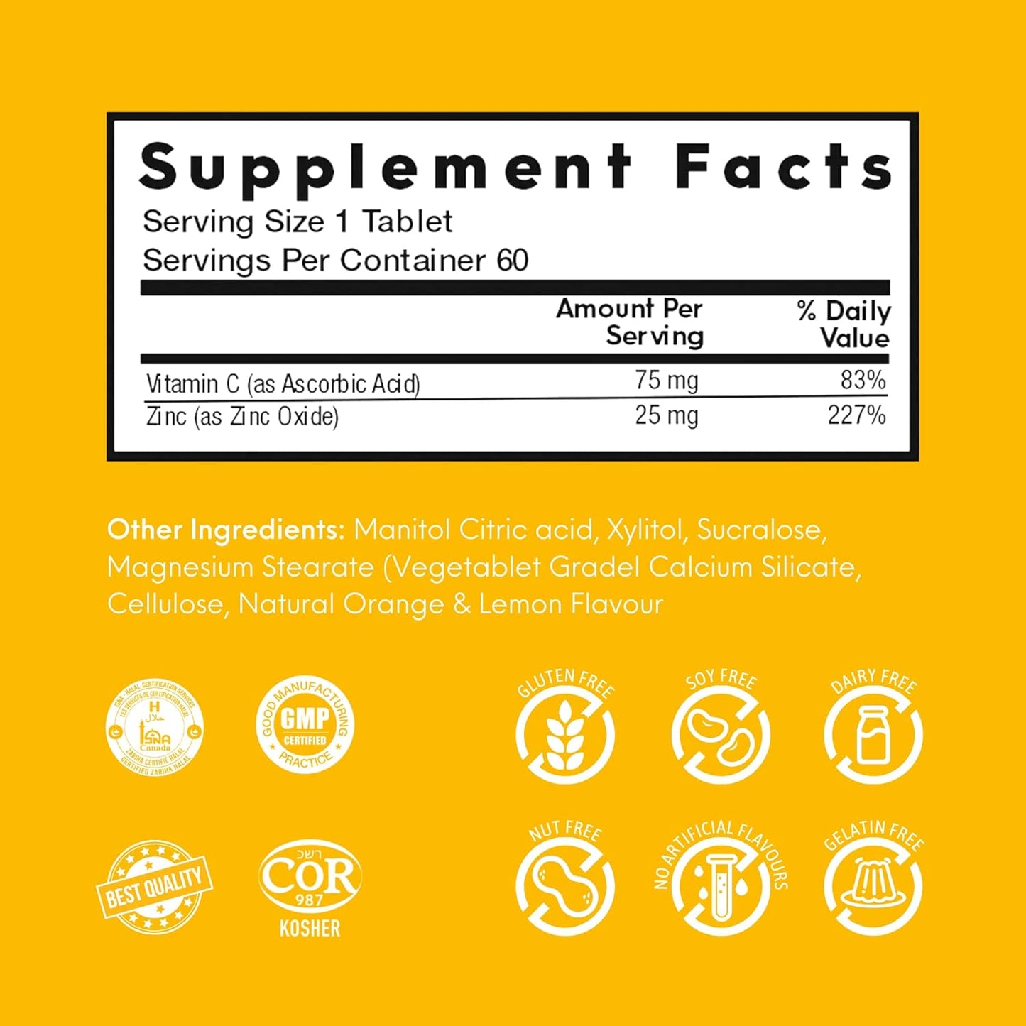 NutraMeltz Vitamin C and Zinc Tablets - Immunity Support & Hair Growth - Lemon & Orange Flavor - 60 Quick Dissolving Tablets
