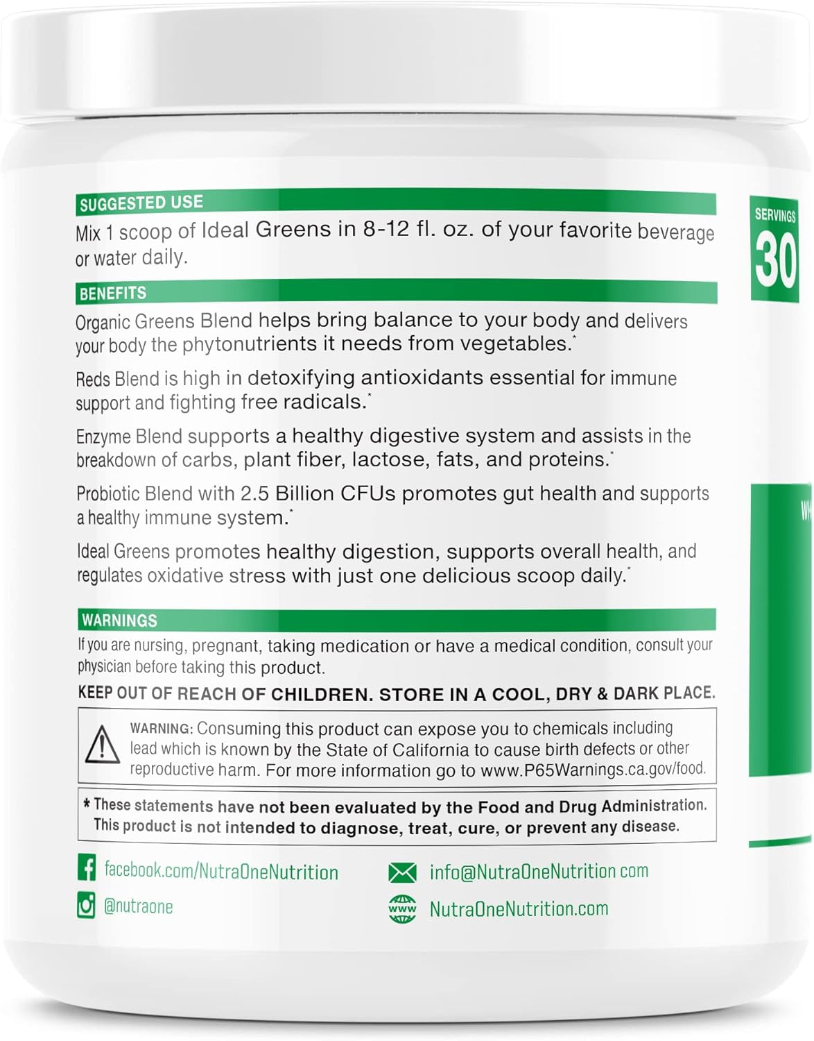 NutraOne Ideal Greens Chocolate Superfood Powder - Antioxidant-Rich Nutrient Supplement (30 Servings)