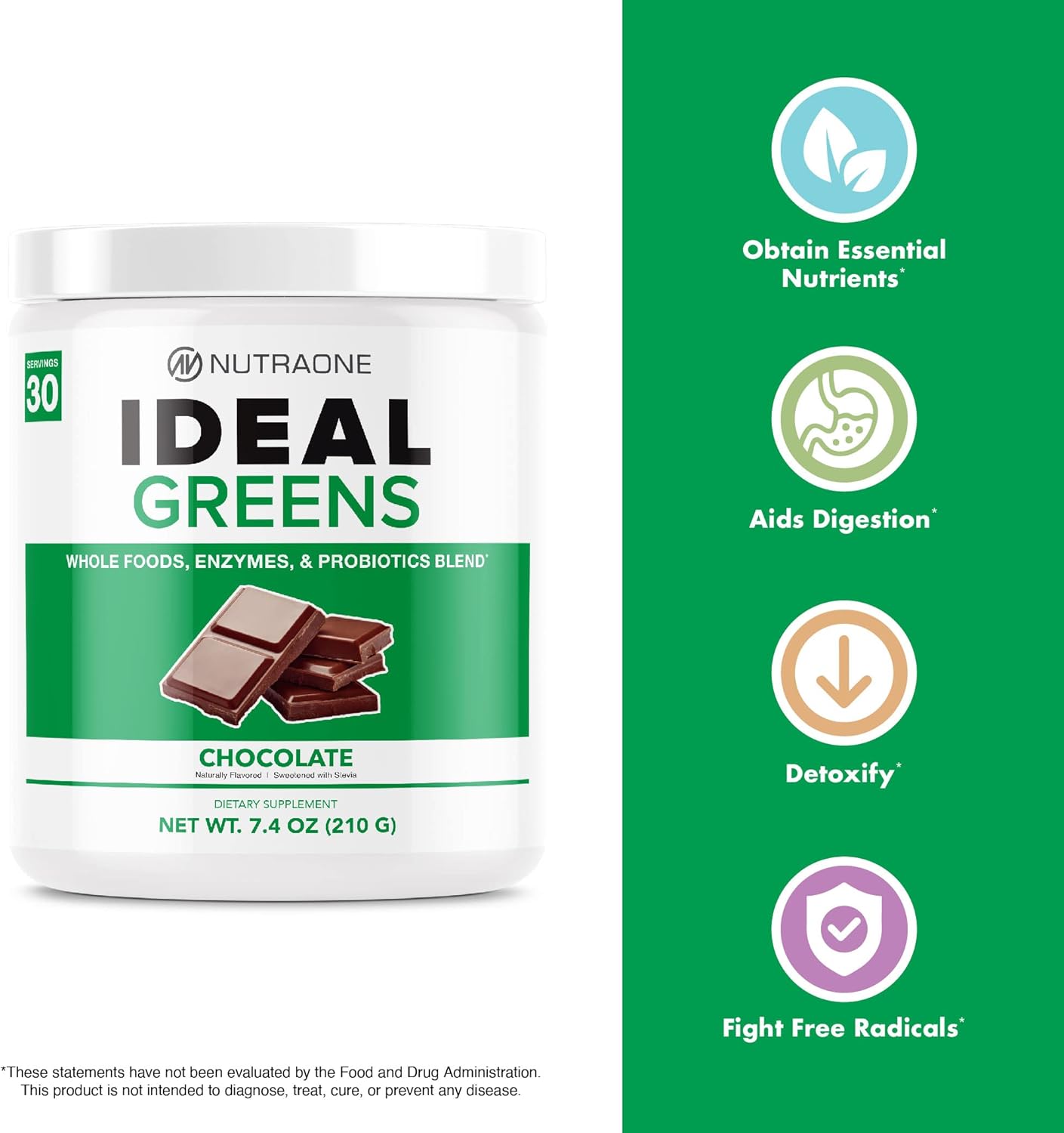 NutraOne Ideal Greens Chocolate Superfood Powder - Antioxidant-Rich Nutrient Supplement (30 Servings)