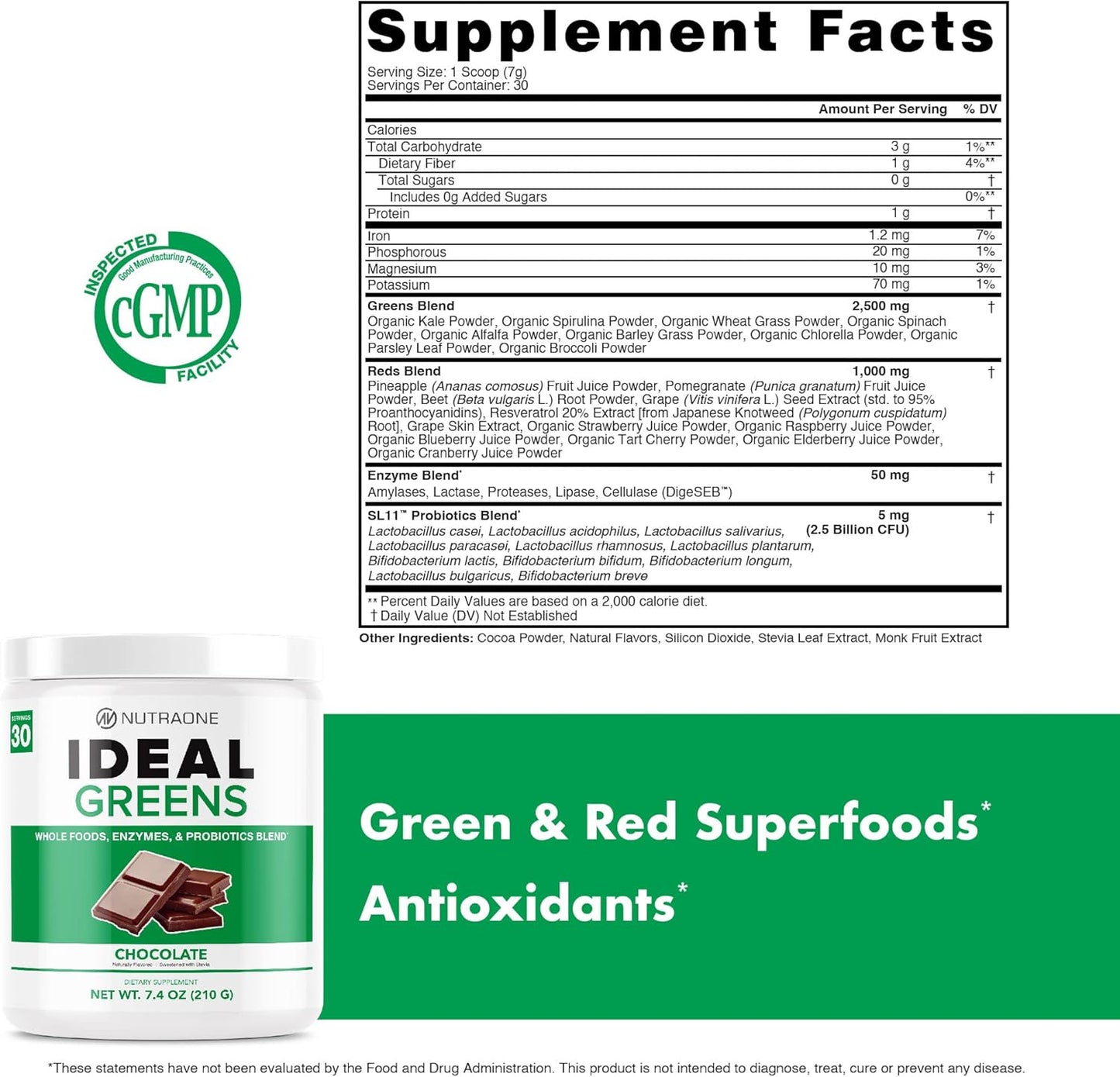 NutraOne Ideal Greens Chocolate Superfood Powder - Antioxidant-Rich Nutrient Supplement (30 Servings)